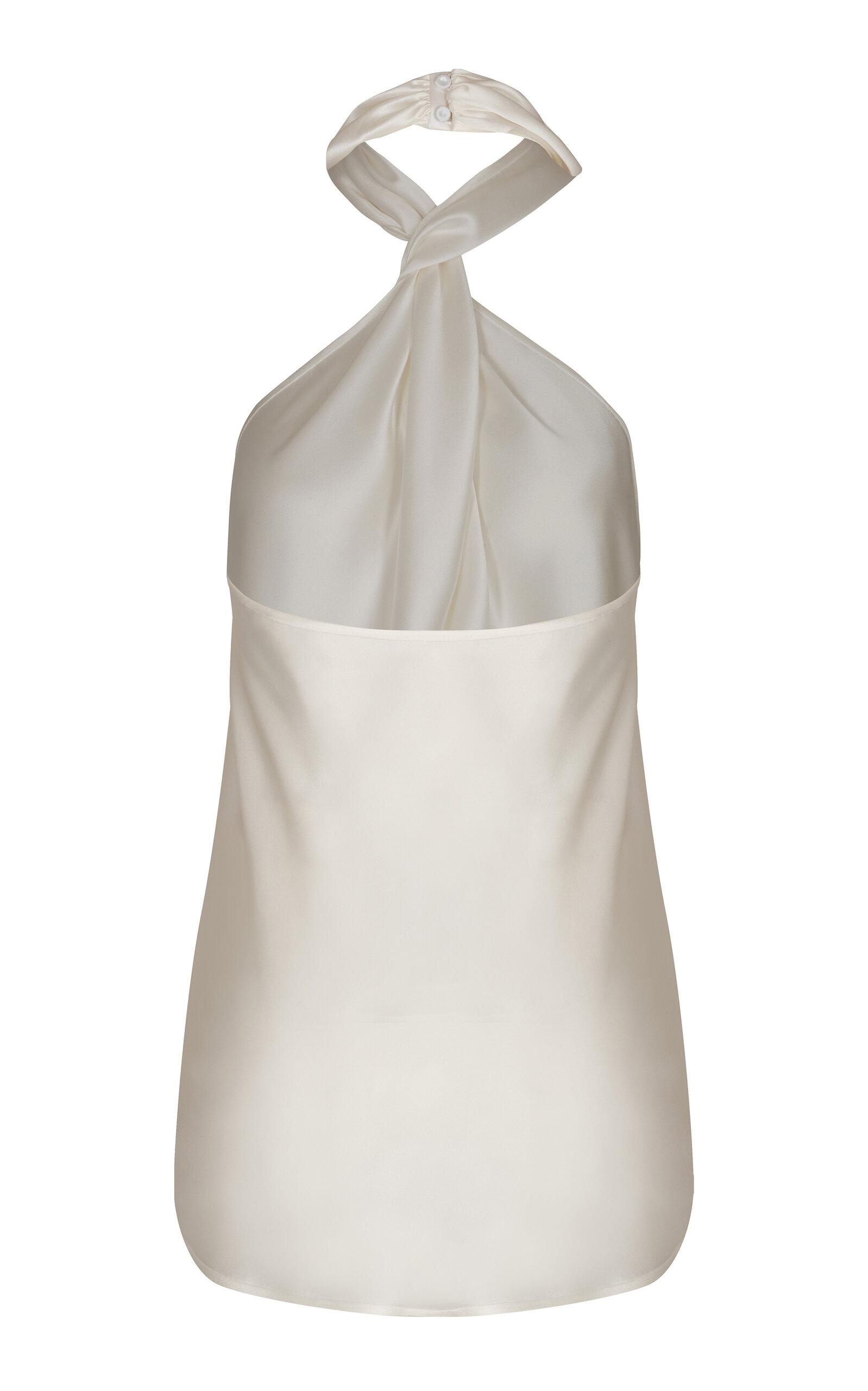 ANDRES OTALORA Patronal Floral-appliquéd Silk Halter Top in White 