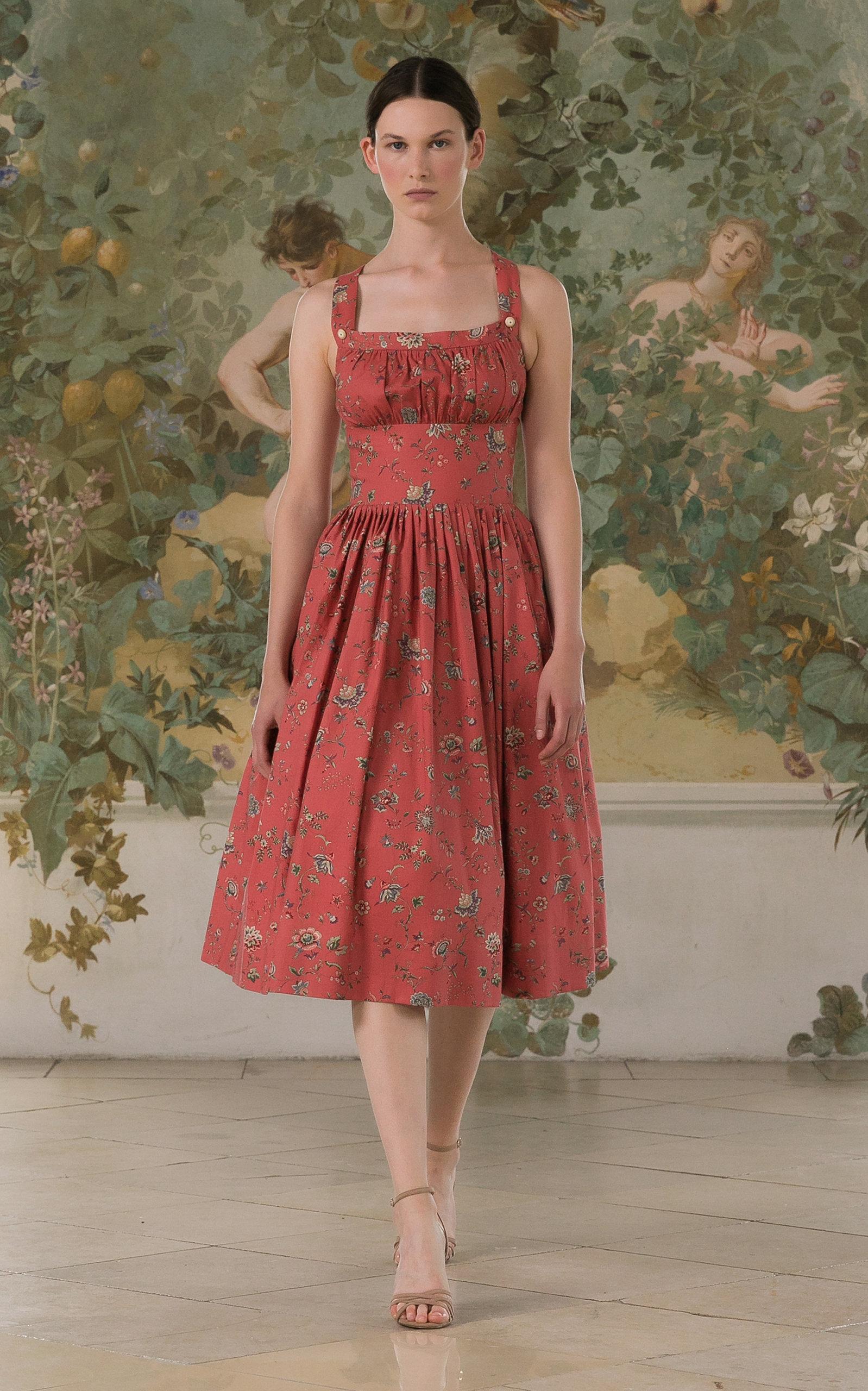 Lena Hoschek Judith Floral Cotton Midi Dress in Red - Lyst