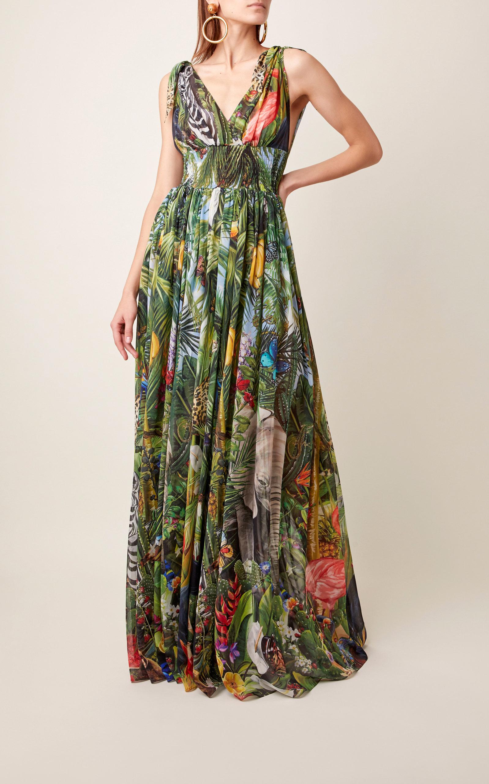 Dolce & Gabbana Long Georgette Dress With Jungle Print in Green | Lyst