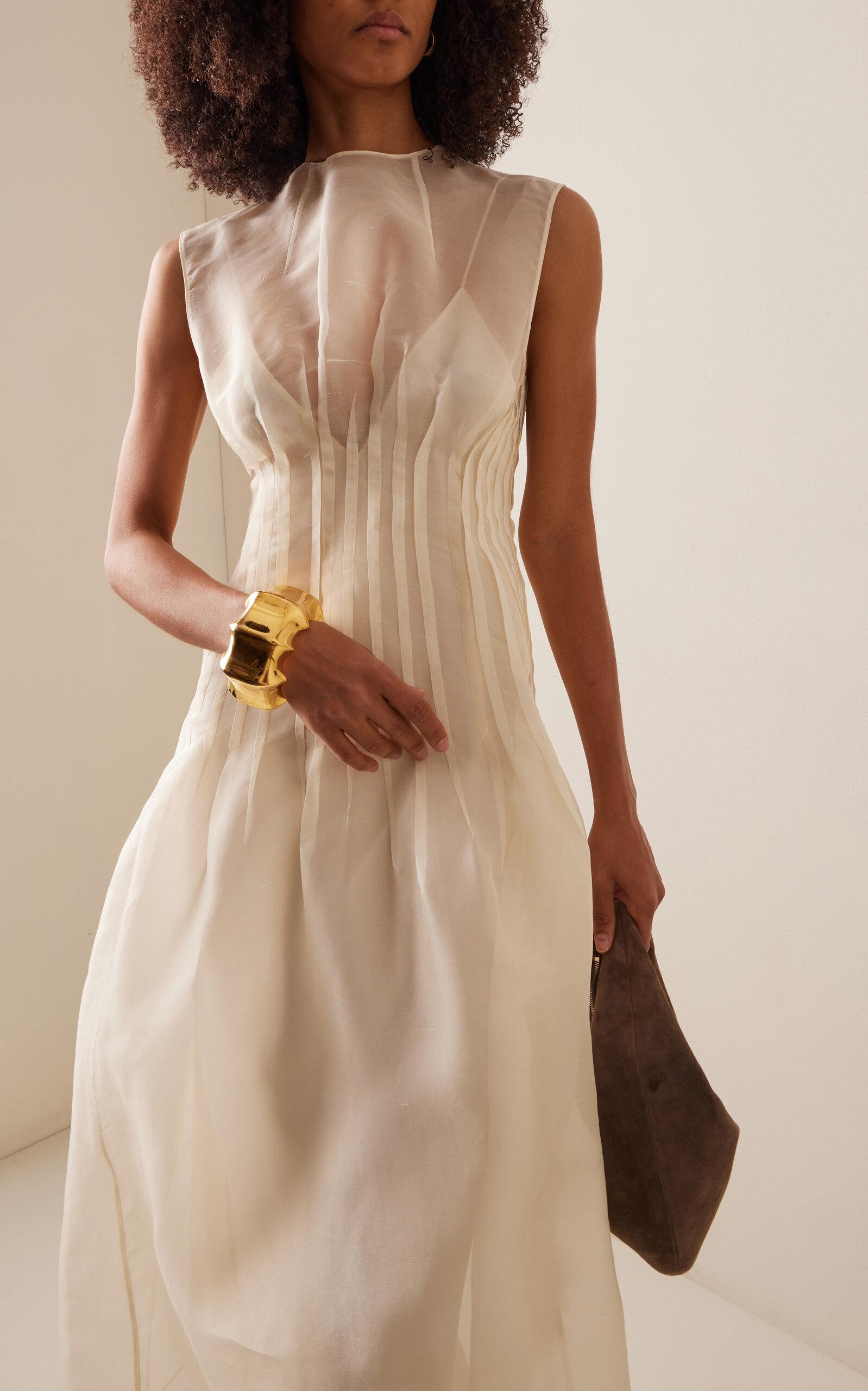 strapless open back dress Carolina Pleated Skirt Midi Dress L