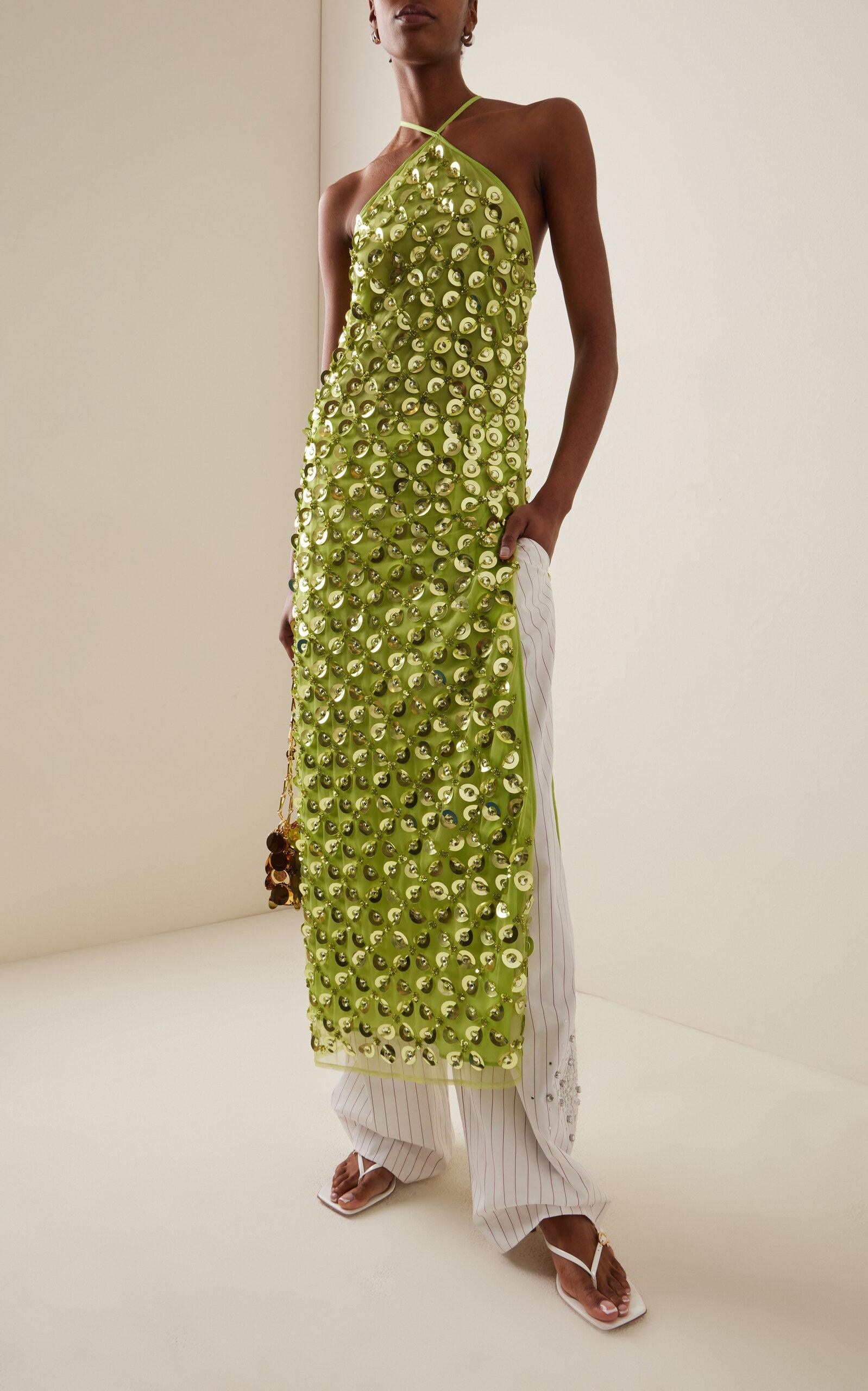 DES_PHEMMES Exclusive Embellished Mesh Halter Maxi Dress in Green | Lyst DES_PHEMMES Exclusive Embellished Mesh Halter Maxi Dress in Green | Lyst