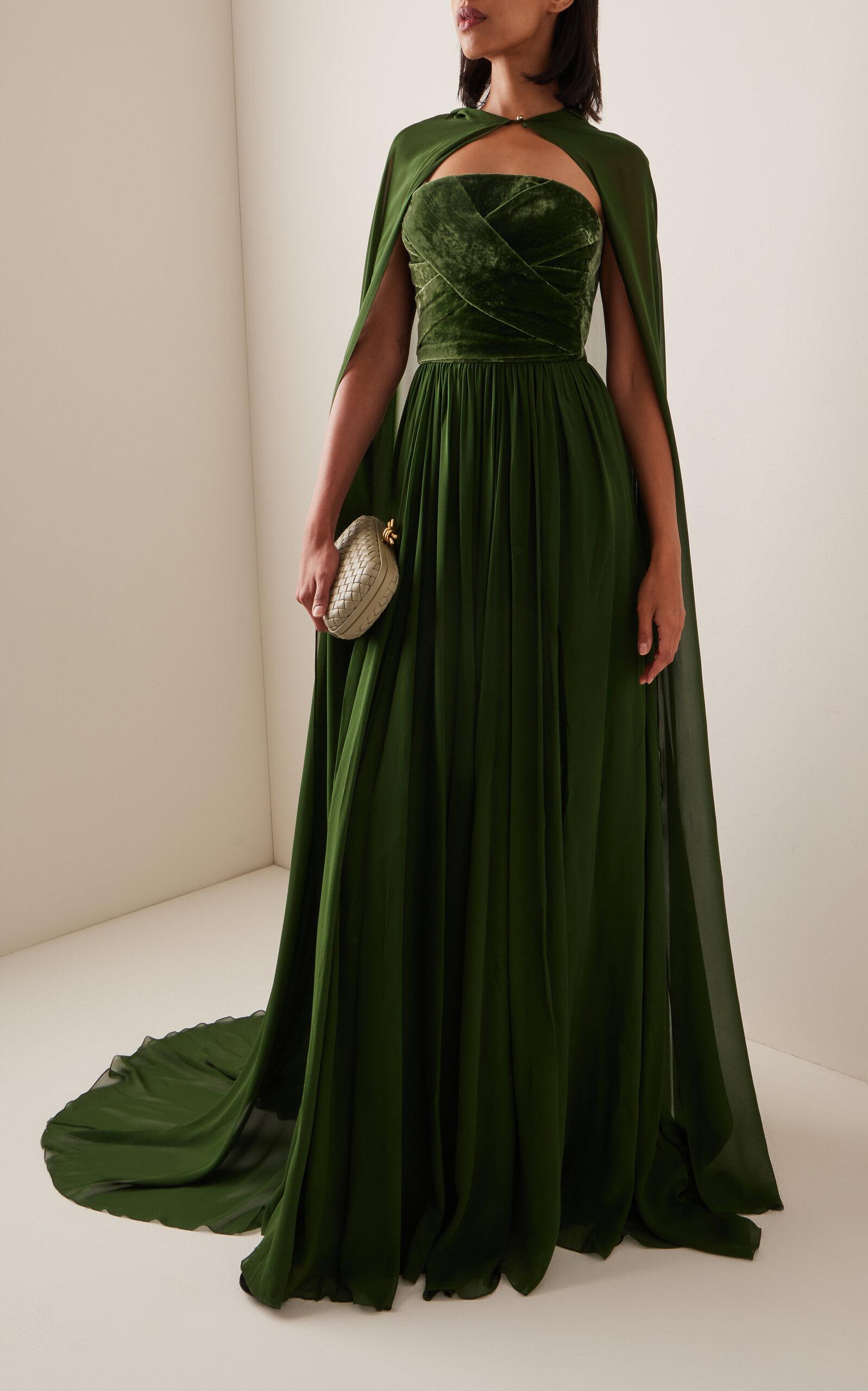 Elie Saab Cape-detailed Silk And Velvet Gown in Green | Lyst Elie Saab Cape-detailed Silk And Velvet Gown in Green | Lyst