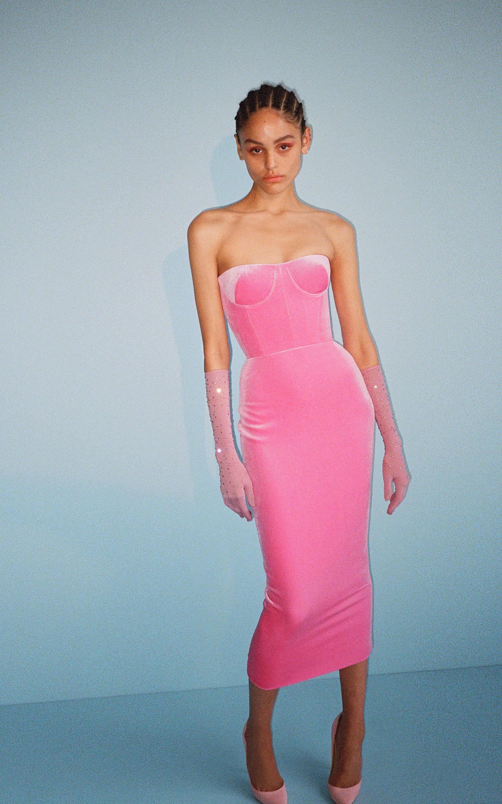 alex perry pink velvet dress Alex Perry Payton Bustier Velvet Midi Dress in Pink