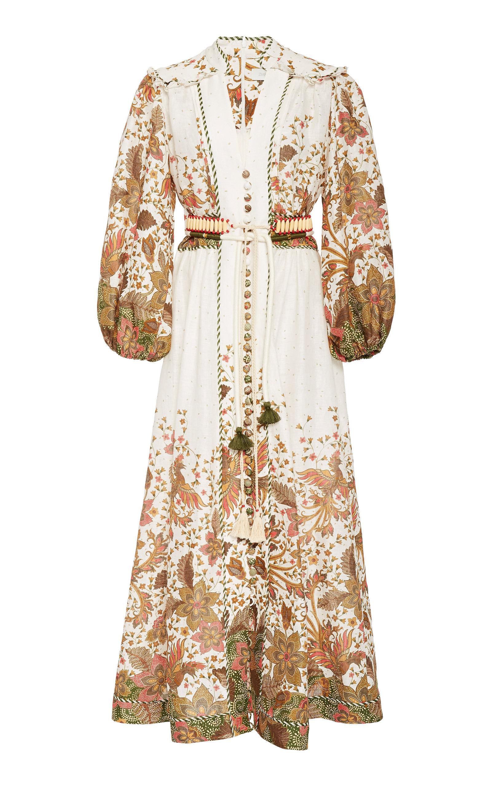 Zimmermann Empire Belted Printed Linen Maxi Dress in Natural | Lyst