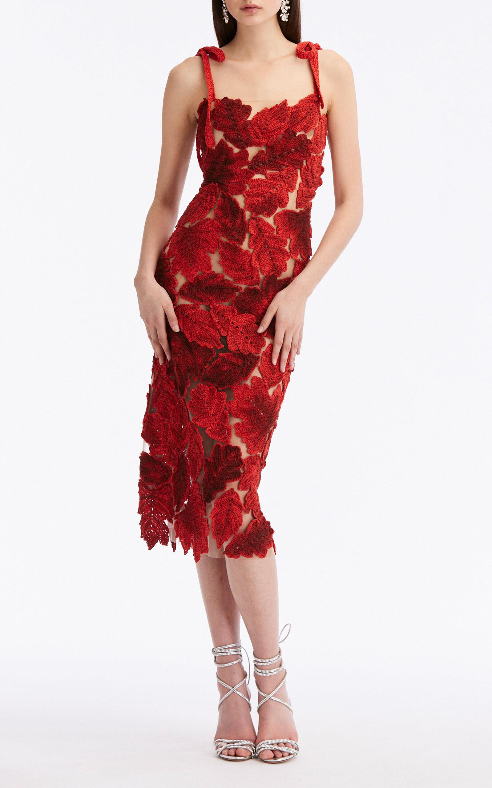 Oscar de la Renta Crochet Leaves Midi Dress in Red | Lyst