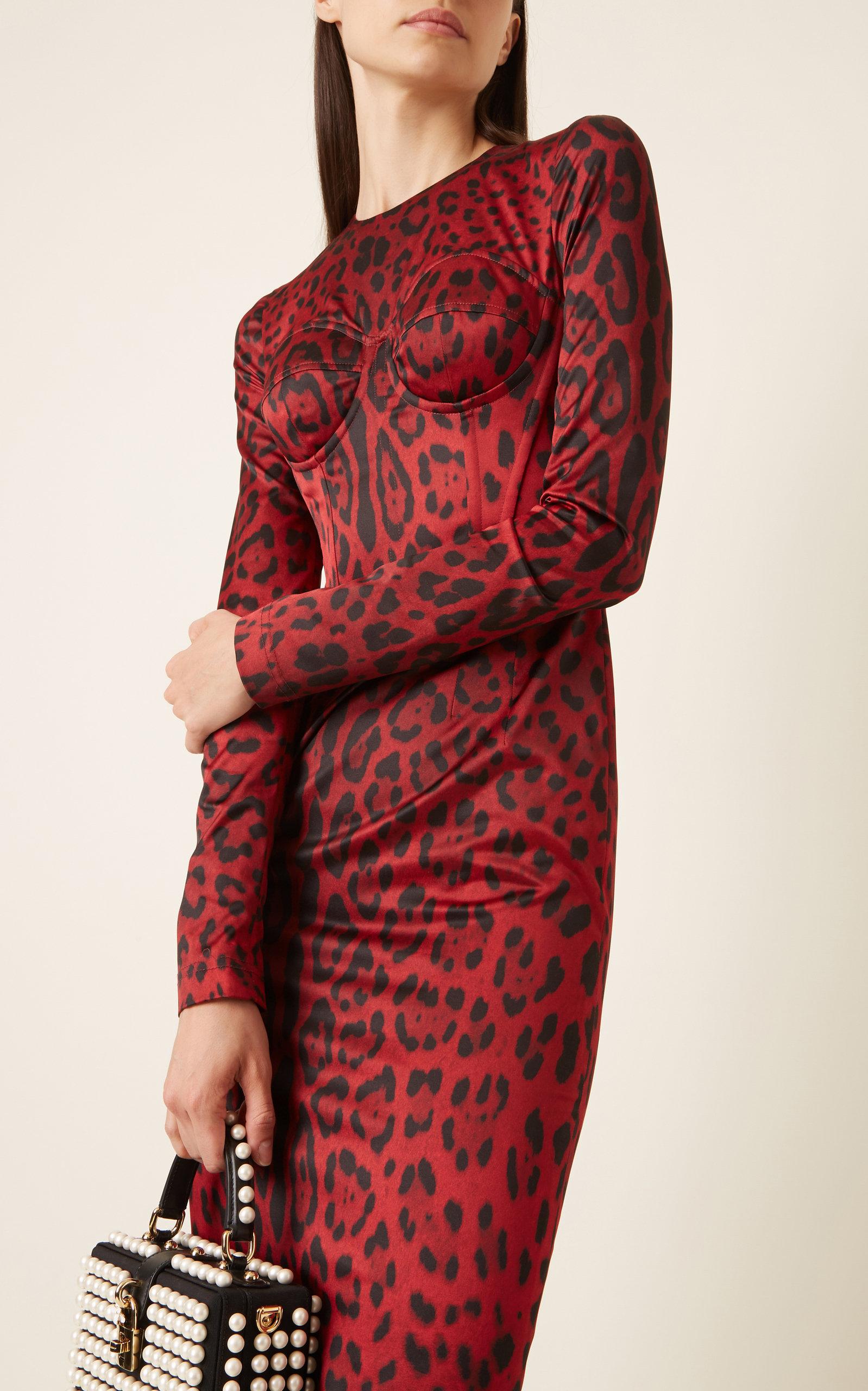 Dolce & Gabbana Corseted Leopard-print Satin Midi Dress in Red | Lyst