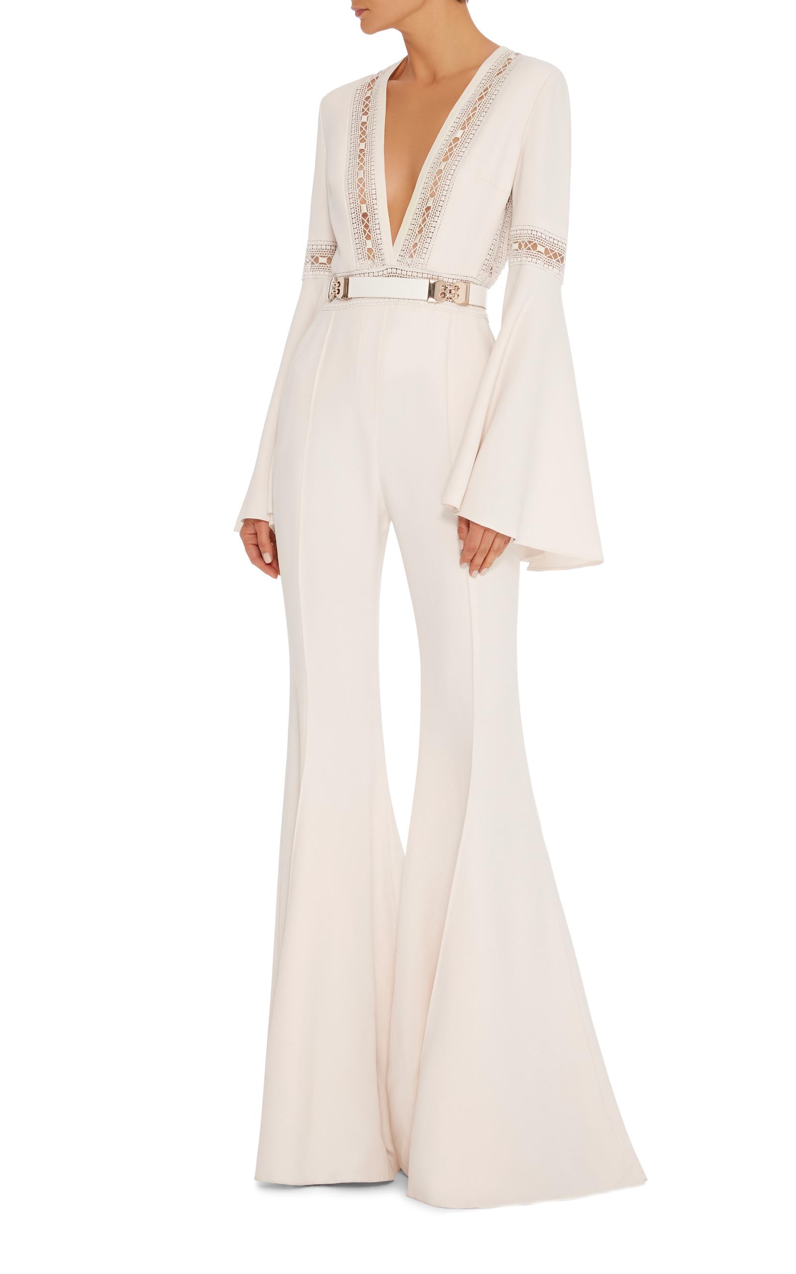 Elie Saab Flared Jumpsuit With Deep Vneck With Lace Trim in White Lyst