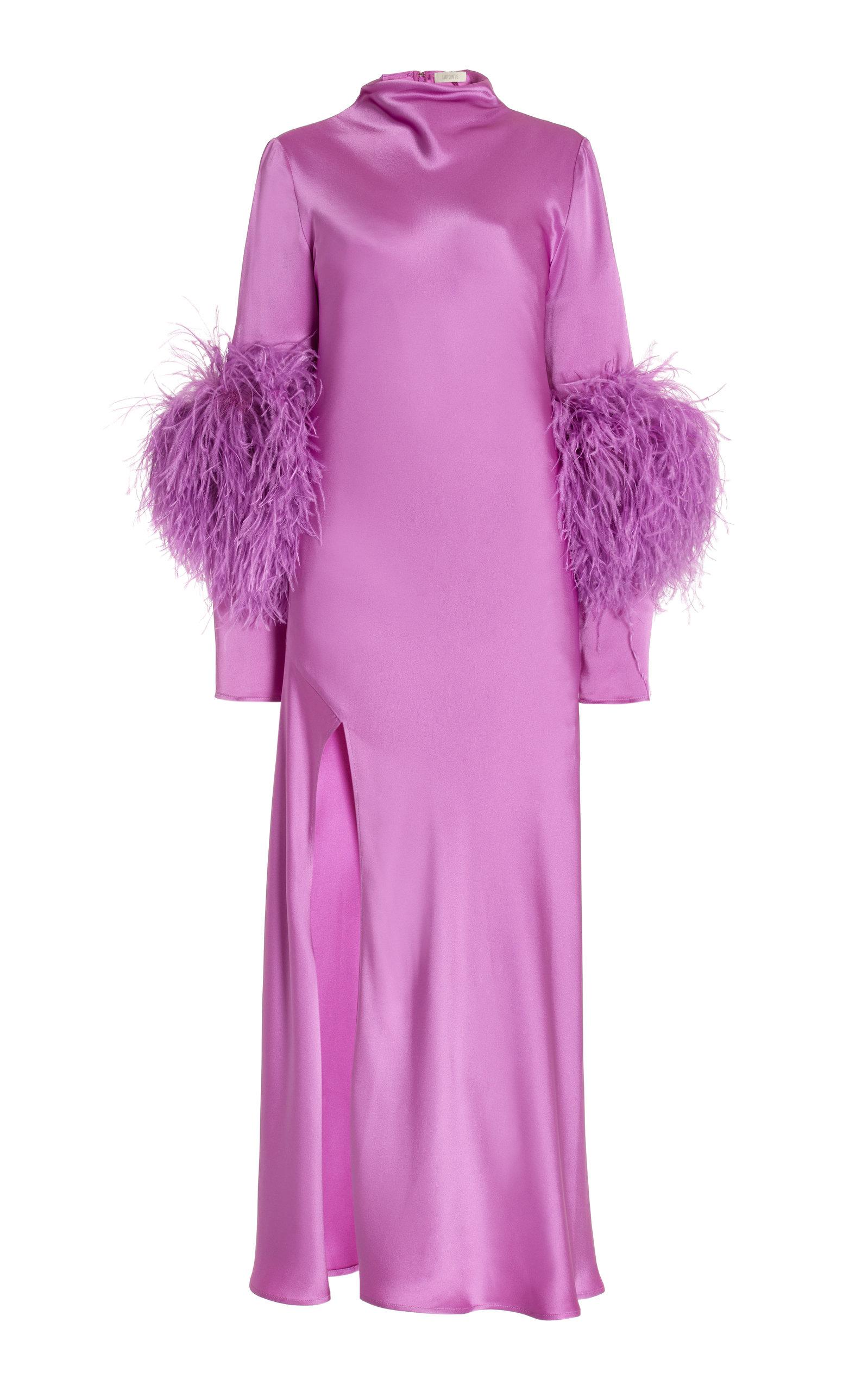 LAPOINTE Ostritch Trim Satin Midi Dress in Pink | Lyst