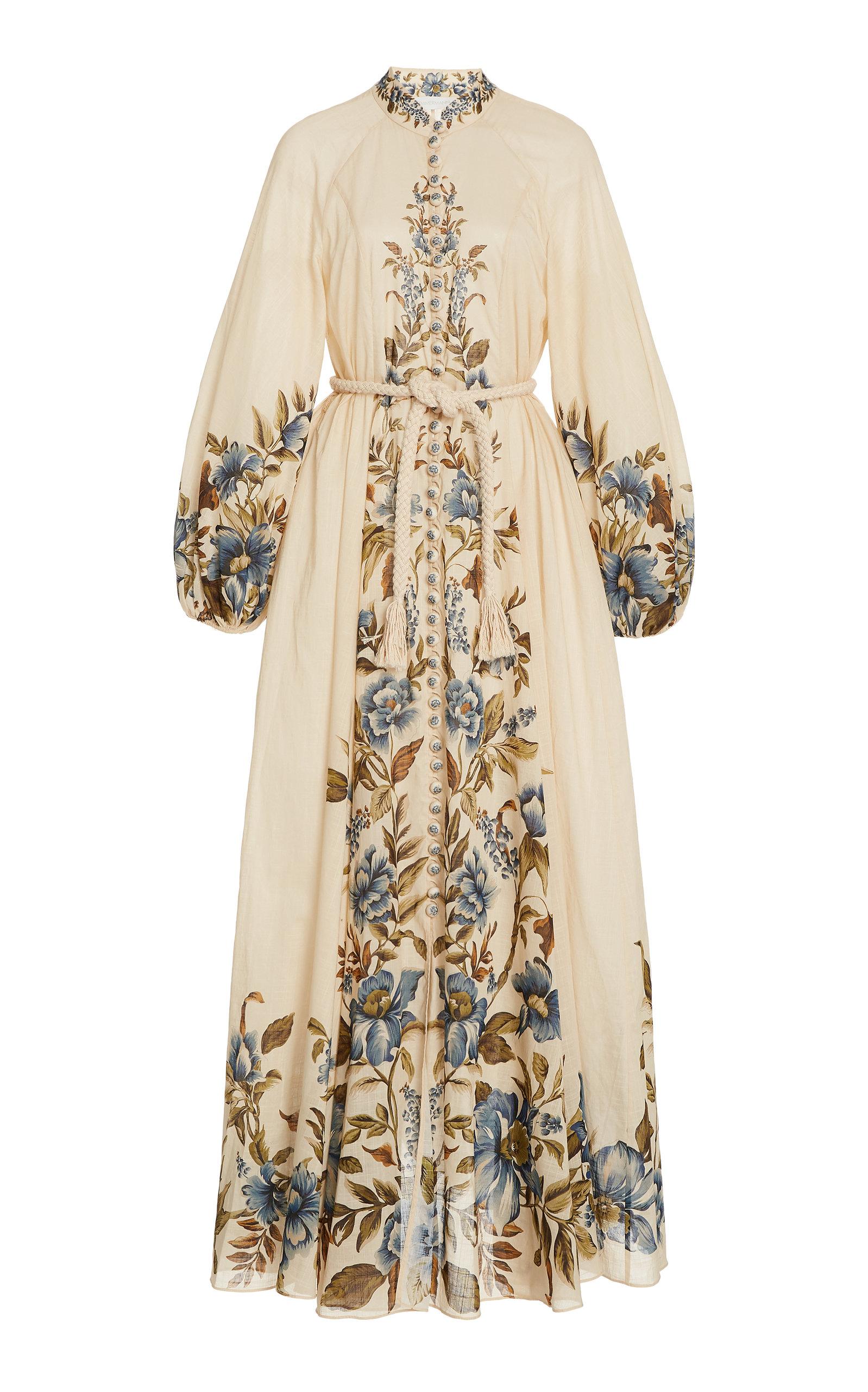 zimmermann aliane linen maxi dress NWOT Zimmermann Aliane Scallop Linen Amber Floral Open Back Midi Dress AU3  L