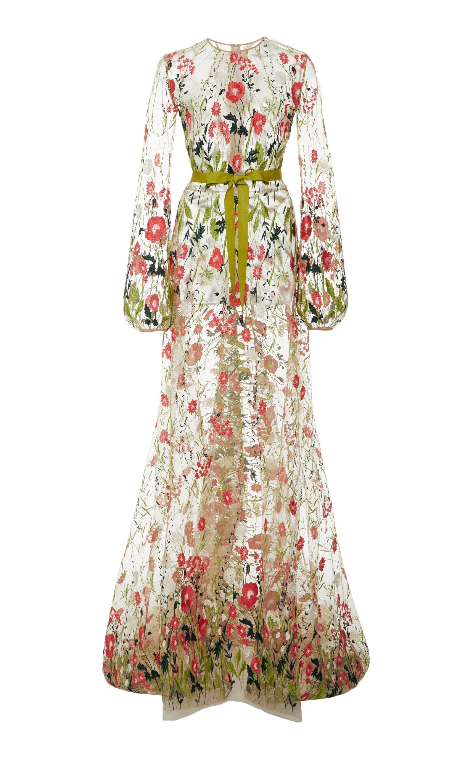 Naeem Khan Synthetic Tie-accented Floral Embroidered Gown in Green - Lyst