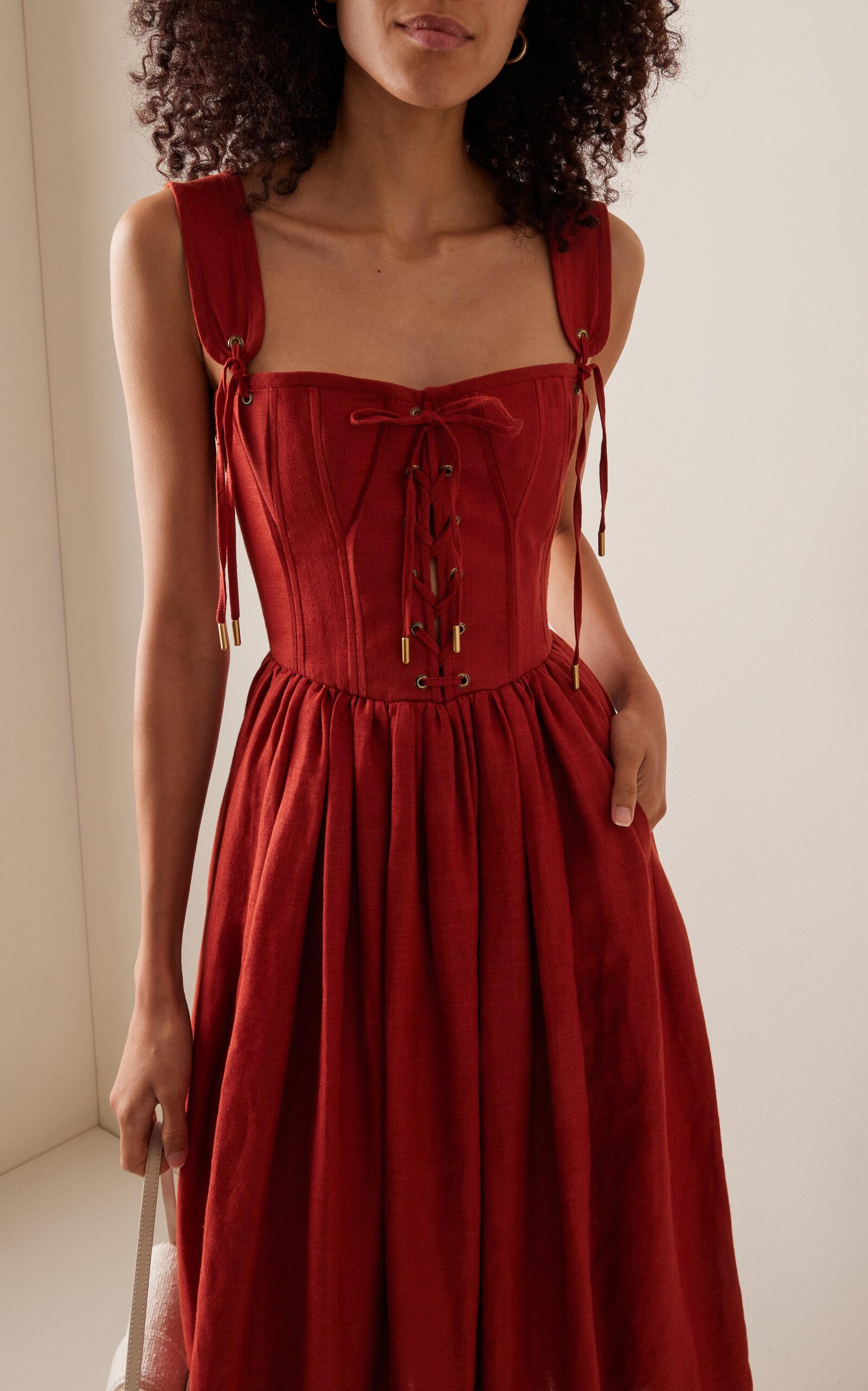 Lena Hoschek Giuseppina Corset Cotton Midi Dress in Red | Lyst