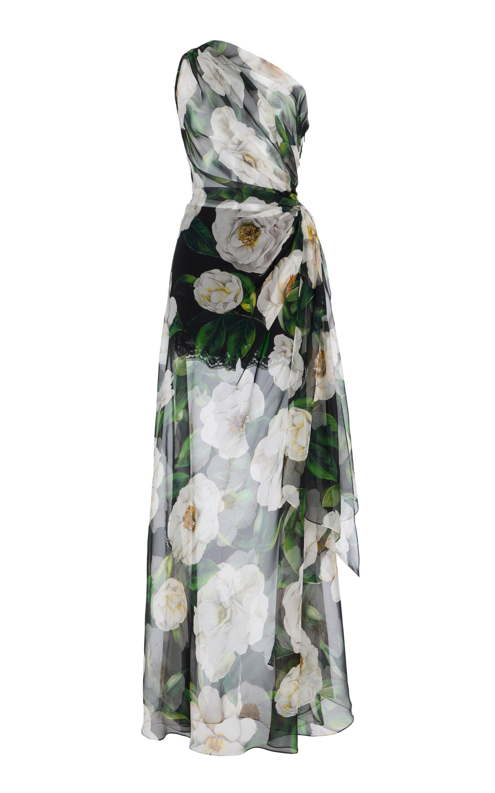 ワンピース DG2667 GARDENIA-PRINT CHIFFON DRESS Dolce & Gabbana One-shoulder Draped Gardenia Silk-chiffon