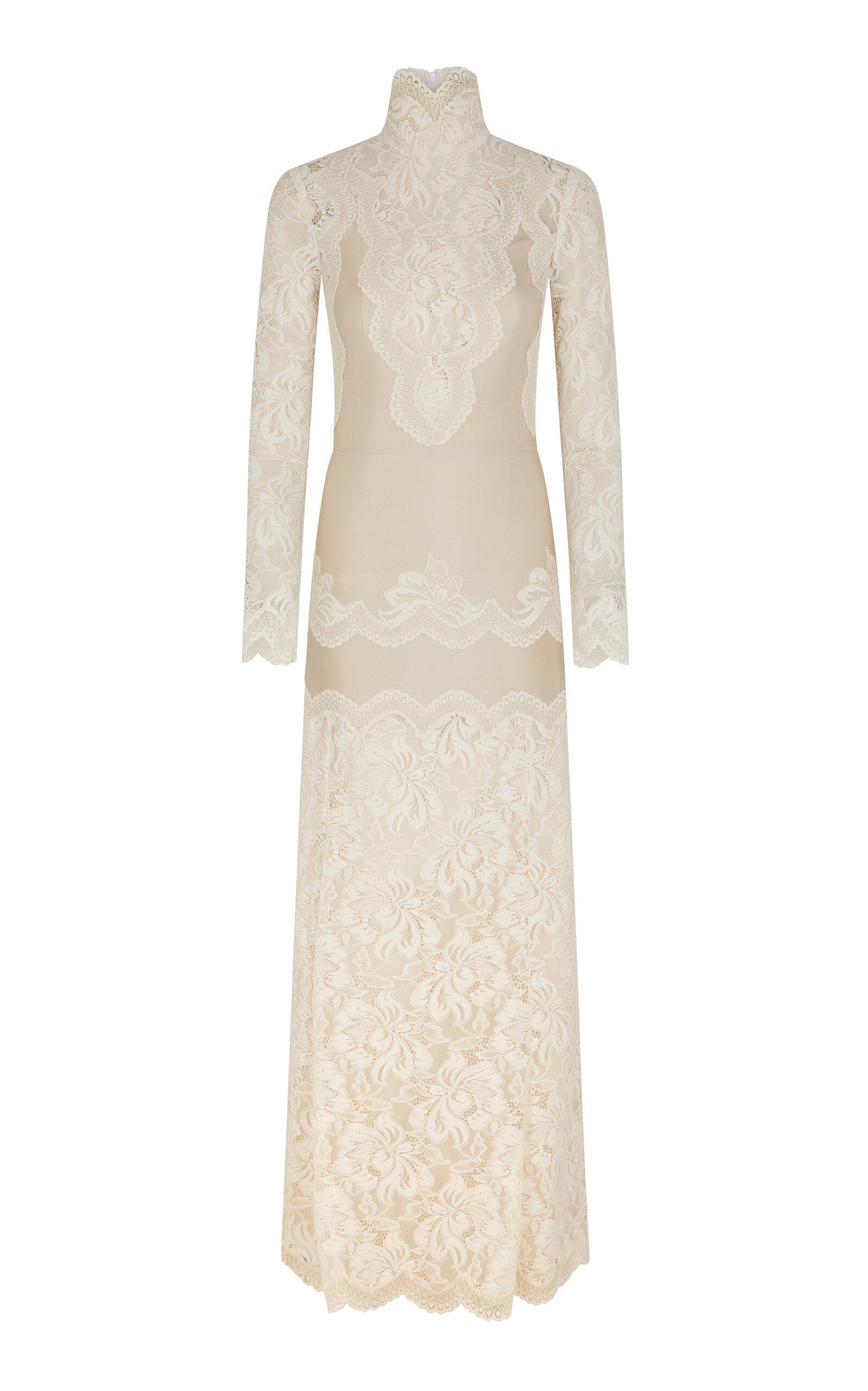 Rabanne Lace-paneled Satin Maxi Dress in Natural | Lyst
