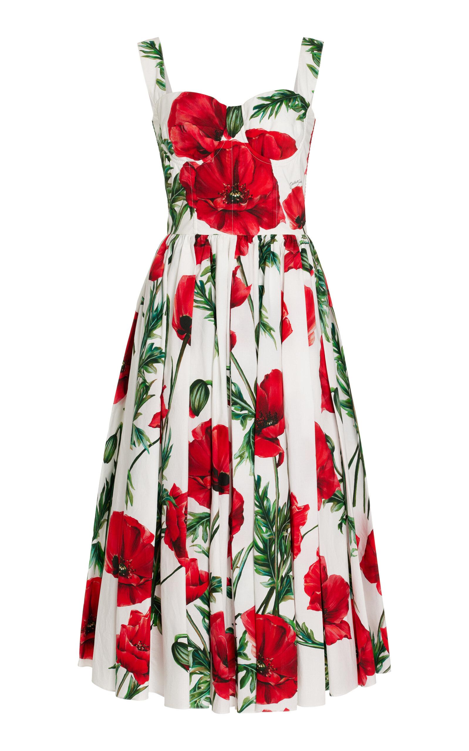 Dolce & Gabbana Poppy-print Cotton Midi Dress in Red | Lyst