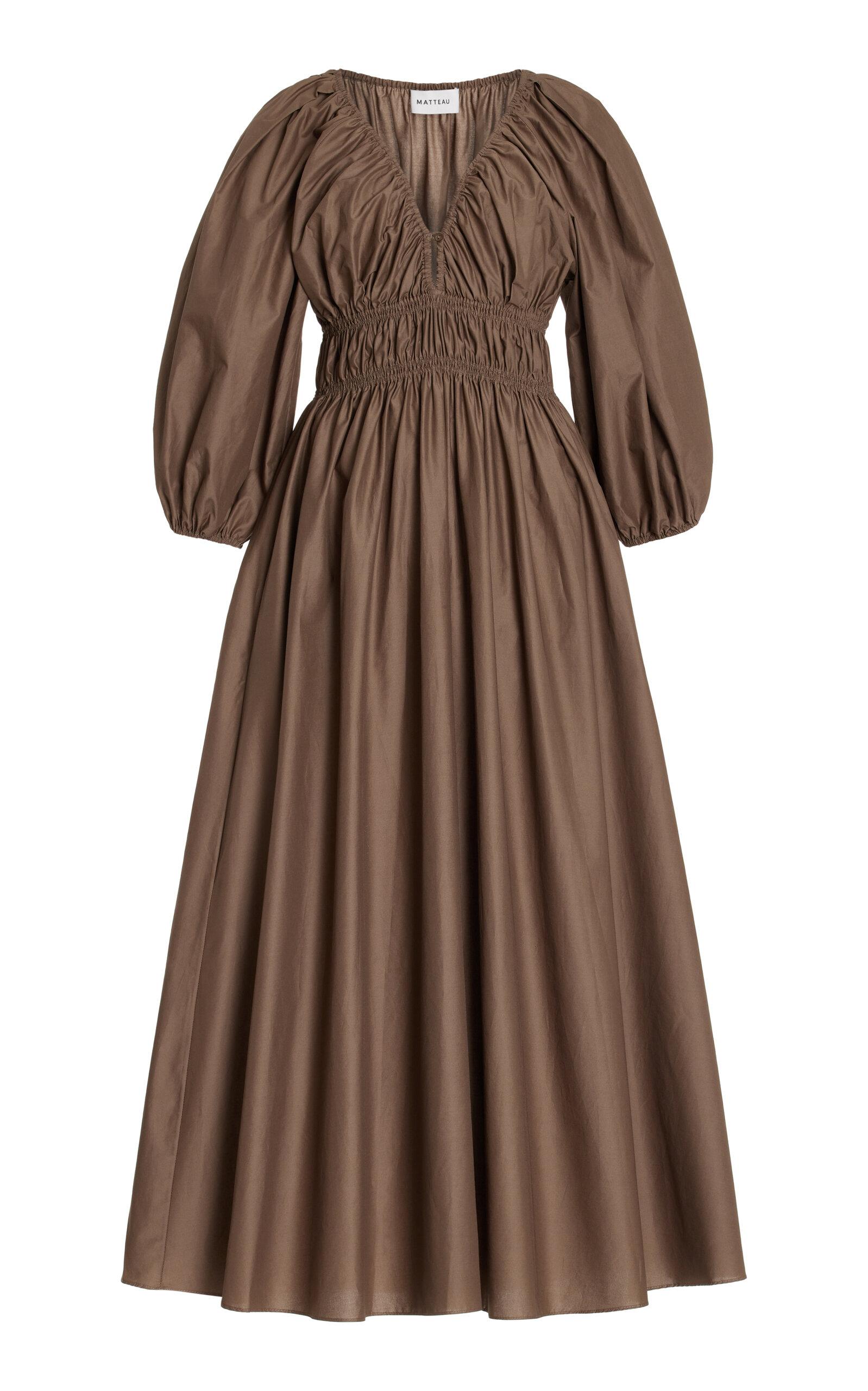 Matteau Shirred Puff-sleeve Organic Cotton Midi Dress in Brown | Lyst Matteau Shirred Puff-sleeve Organic Cotton Midi Dress in Brown | Lyst