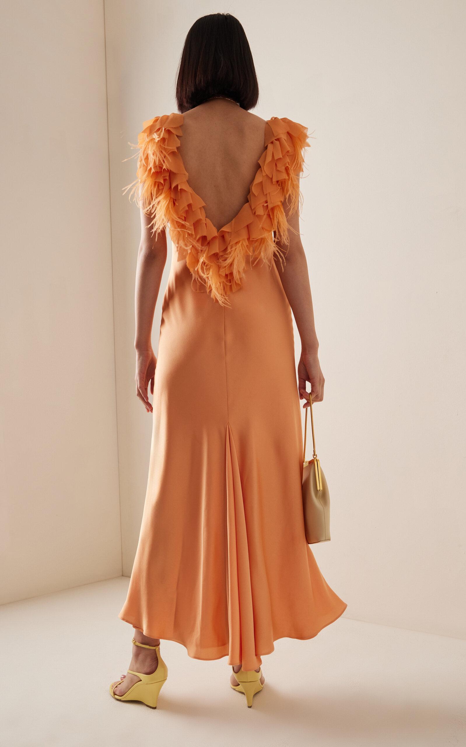 LoveShackFancy Manota Feather-trimmed Satin Gown in Orange | Lyst LoveShackFancy Manota Feather-trimmed Satin Gown in Orange | Lyst