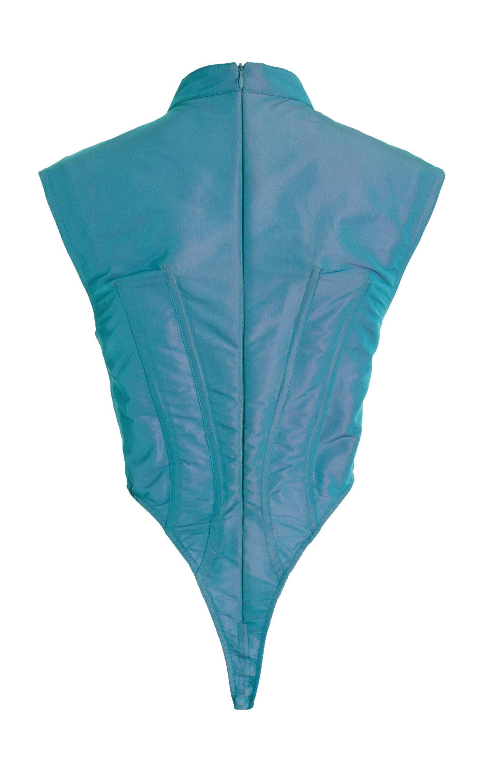 LAQUAN SMITH Lace-up Iridescent Taffeta Bodysuit in Blue