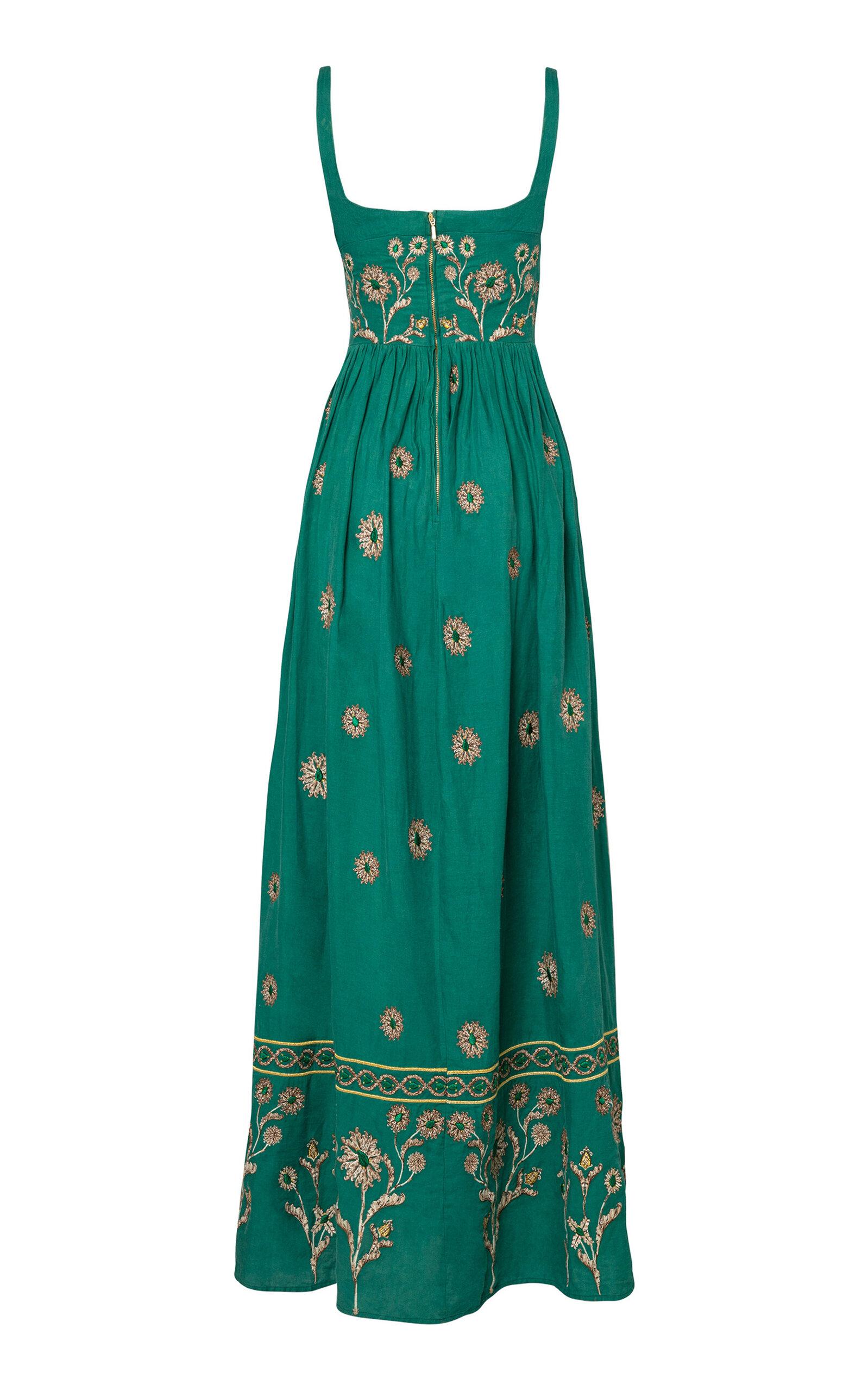 Agua Bendita Barbara Esmeralda Embroidered Linen Maxi Dress in Green | Lyst