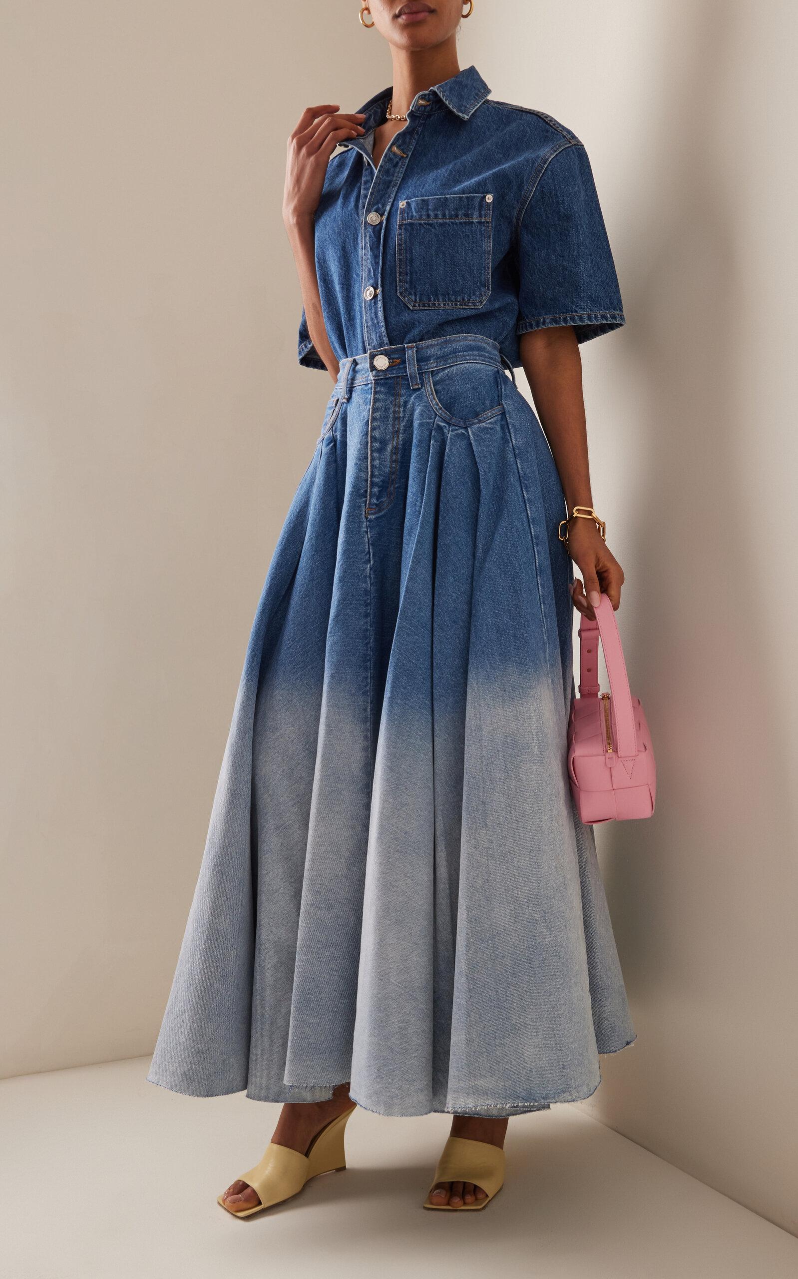 Brandon Maxwell Pleated Denim Midi Skirt in Blue