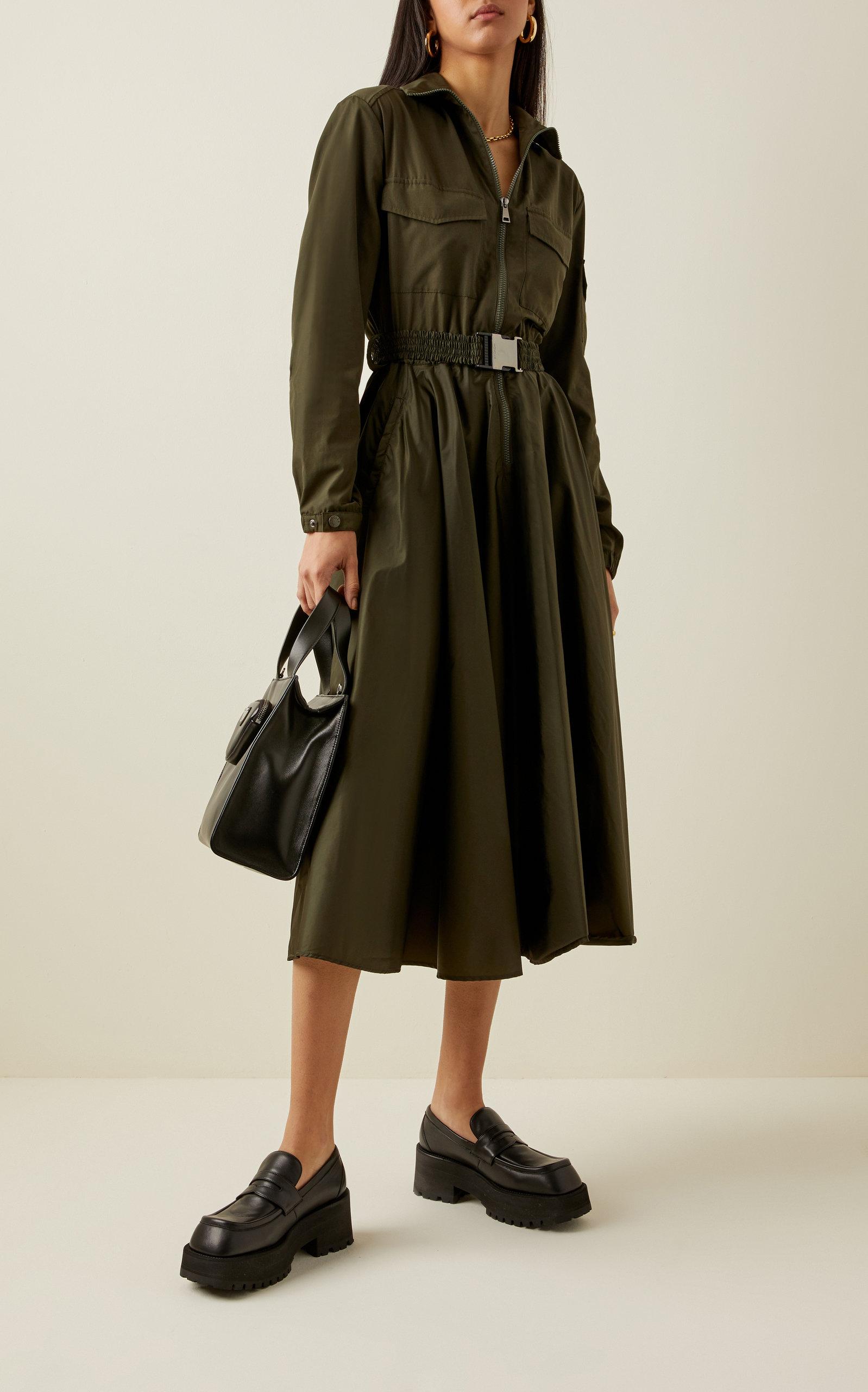 Moncler Belted Shell Midi Shirt Dress in Green | Lyst