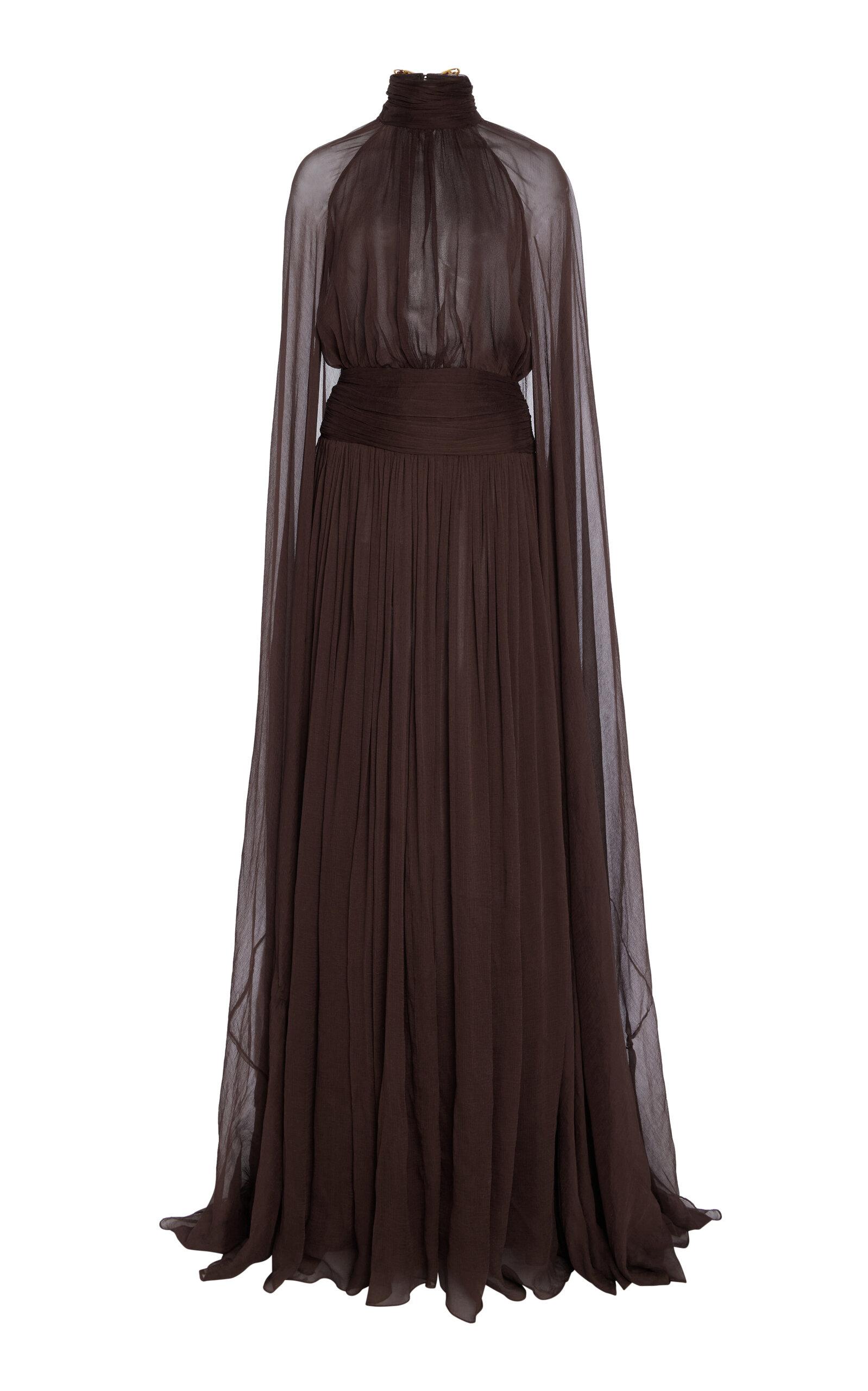 red dress brown heels Crystal Leaves Embroidered Column Gown
