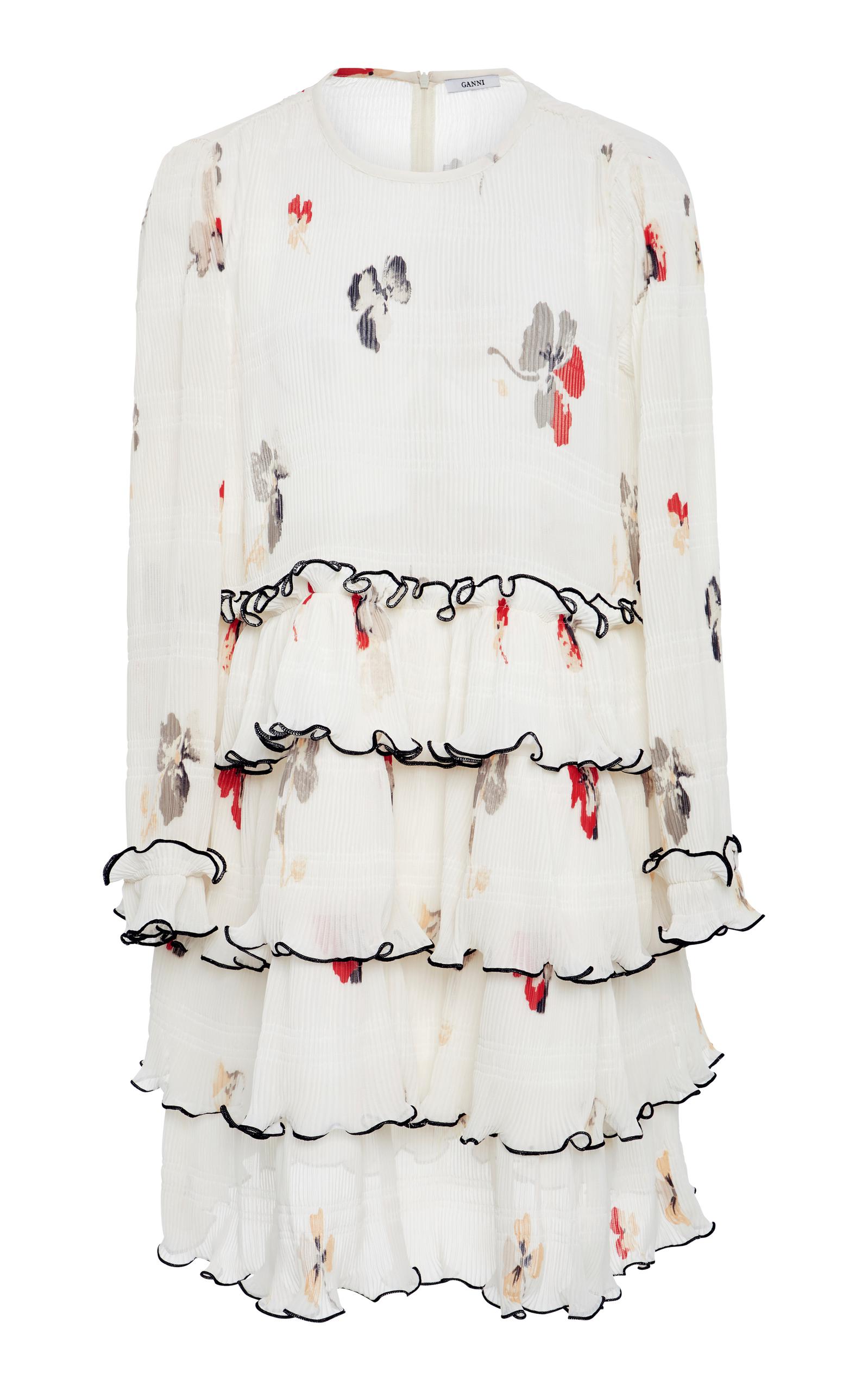 Ganni Lowell Pleated Floral-print Crepe Mini Dress in White | Lyst