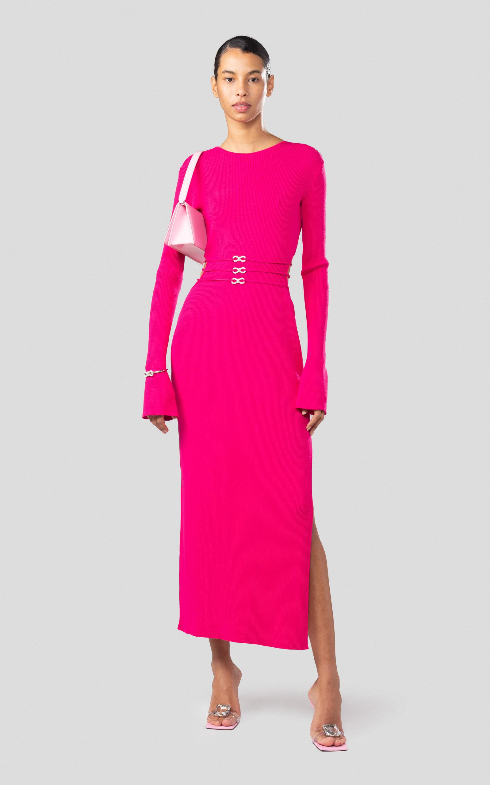 Mach & Mach Tri-bow Adorned Rib Knit Maxi Dress in Pink | Lyst
