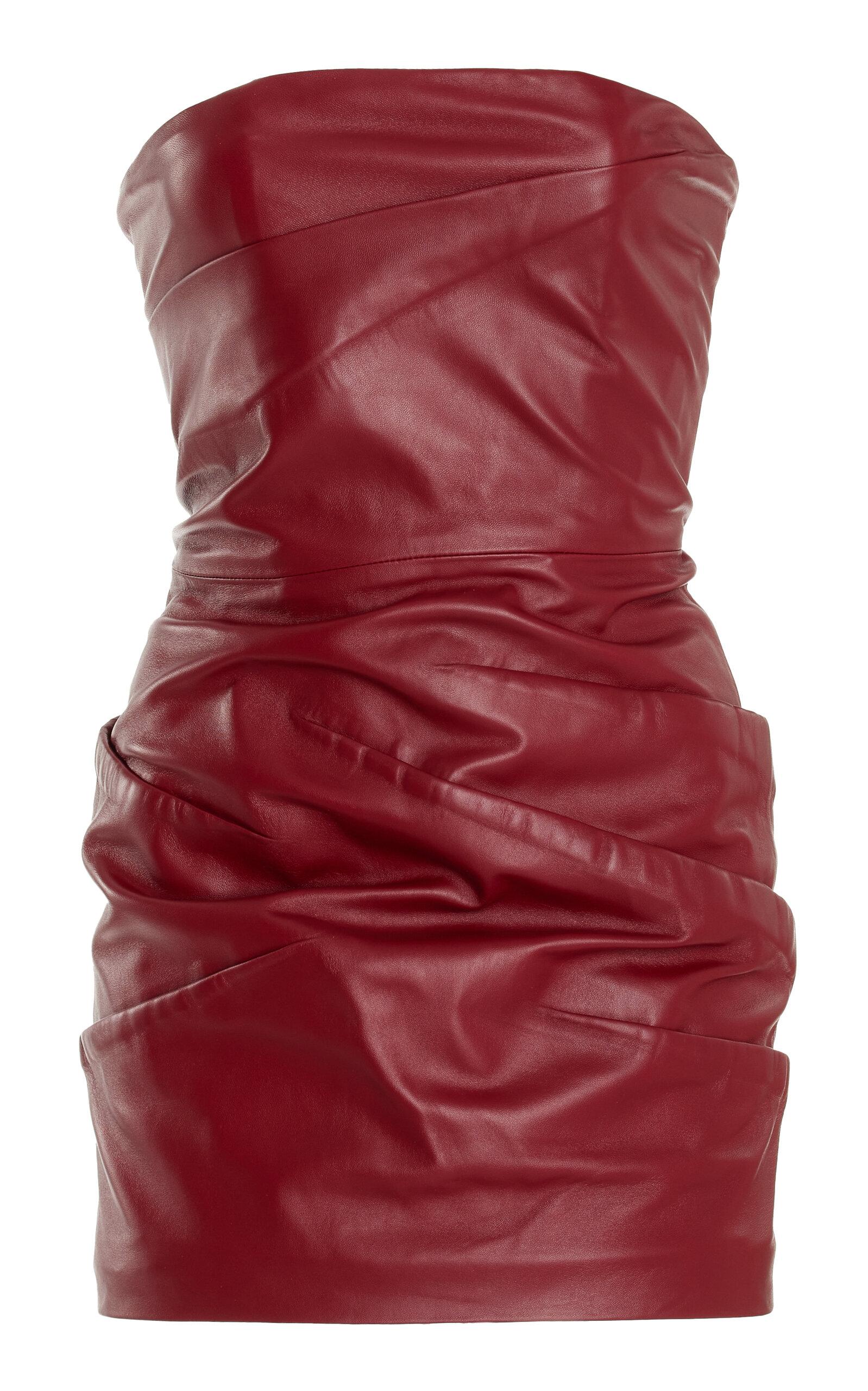 The Attico Ruched Leather Strapless Mini Dress in Red | Lyst