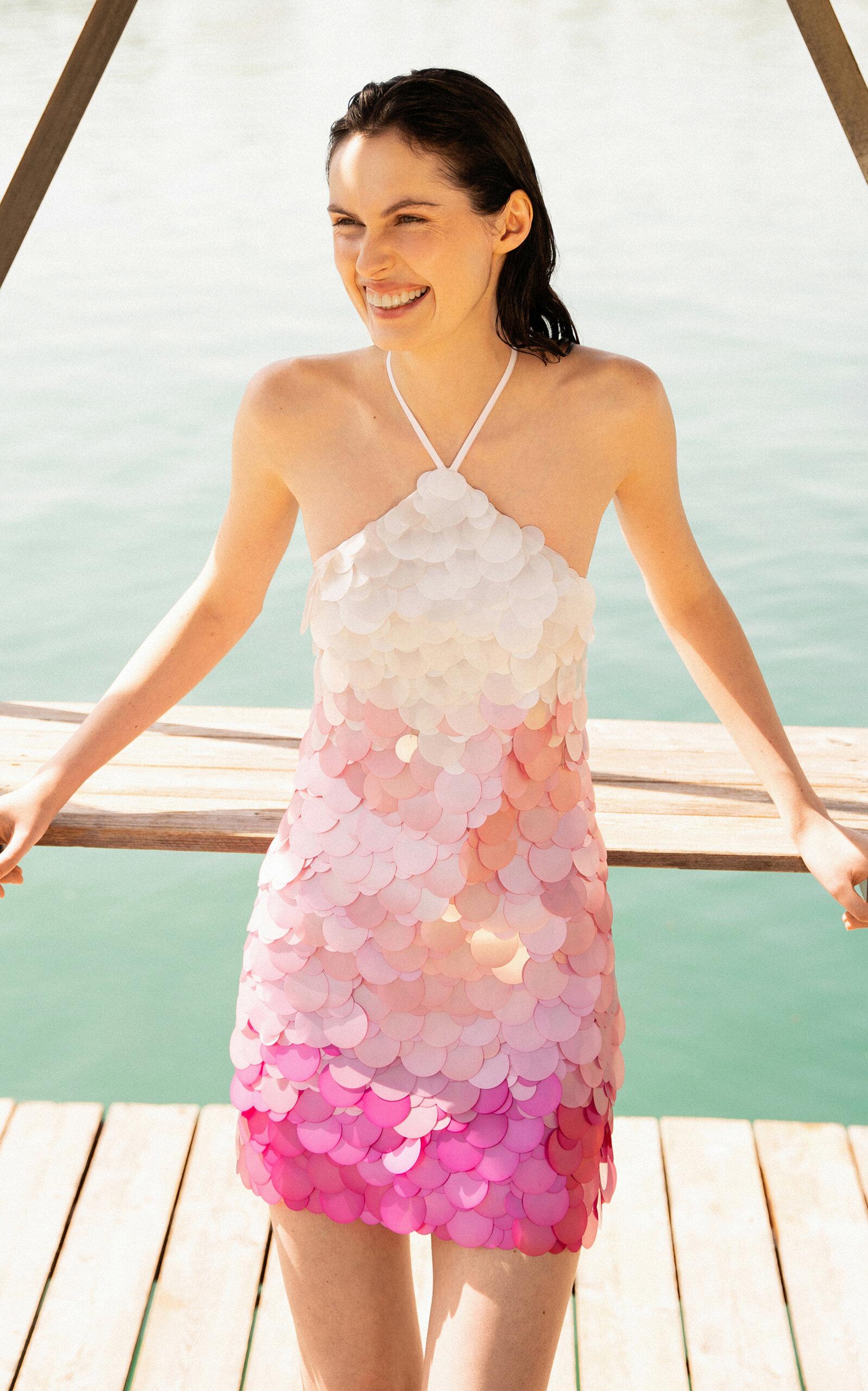パーティードレス Pink Paillette-sequined Mesh Halter Mini Dress DES_PHEMMES Exclusive Paillette-sequined Mesh Halter Mini