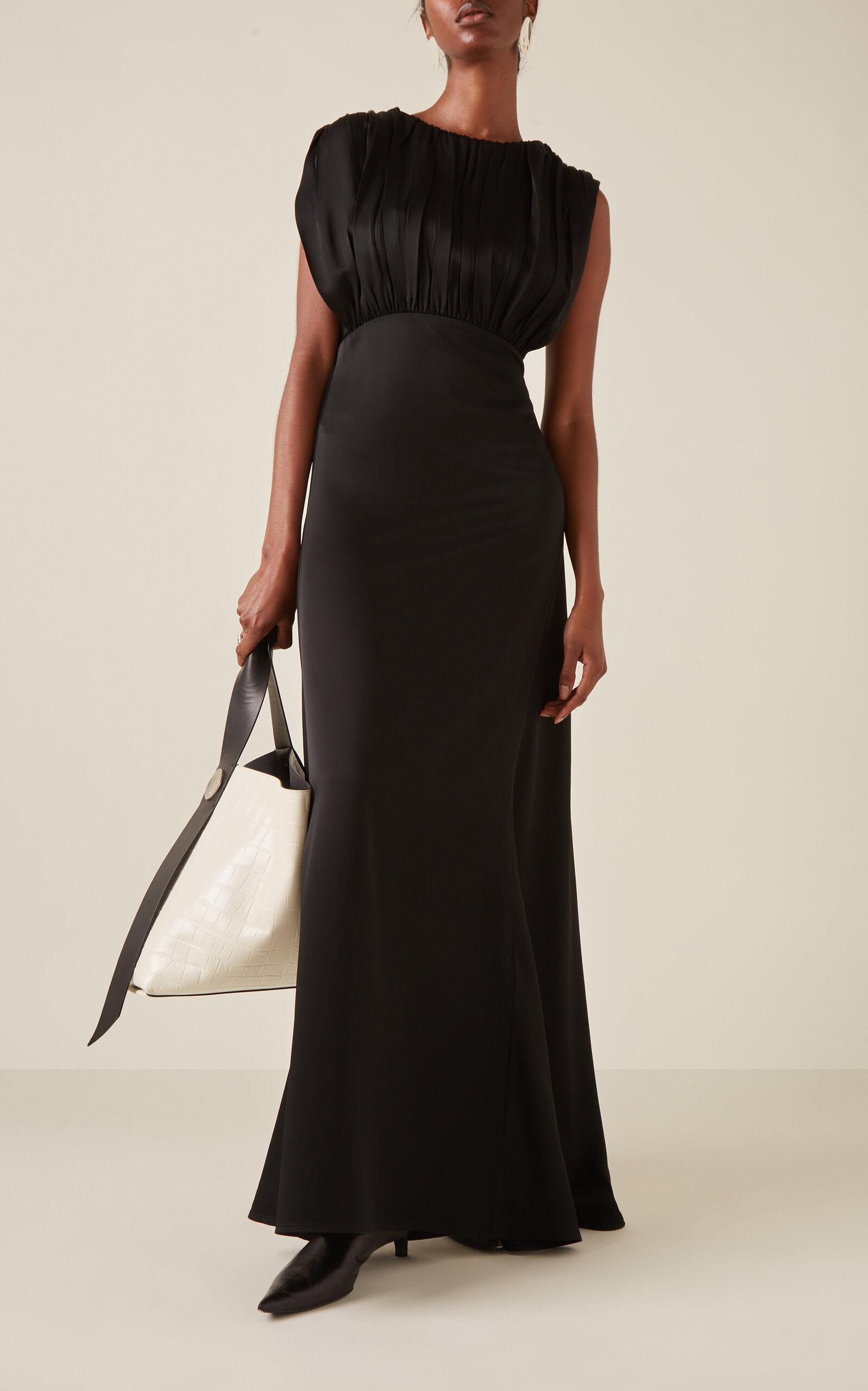 Jil Sander Ruched Satin Maxi Dress in Black | Lyst