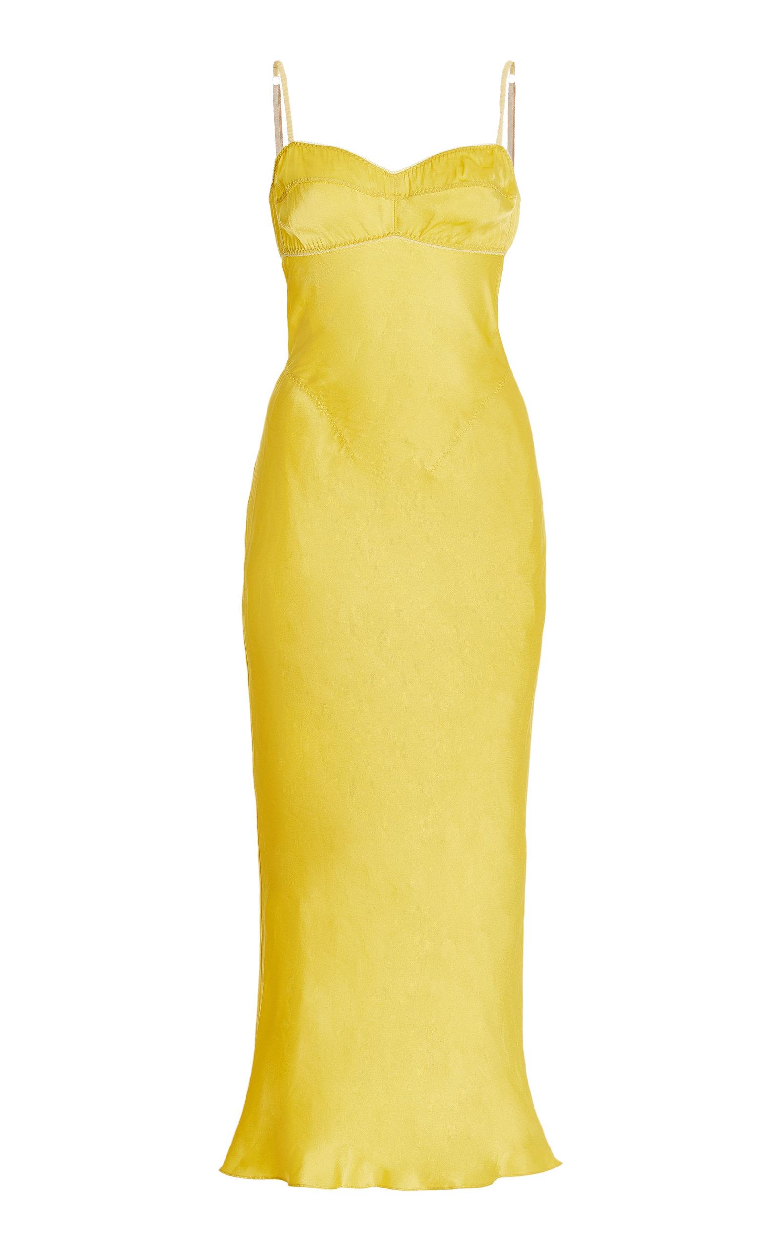 Anna October Waterlily Open-back Satin Midi Slip Dress in Yellow