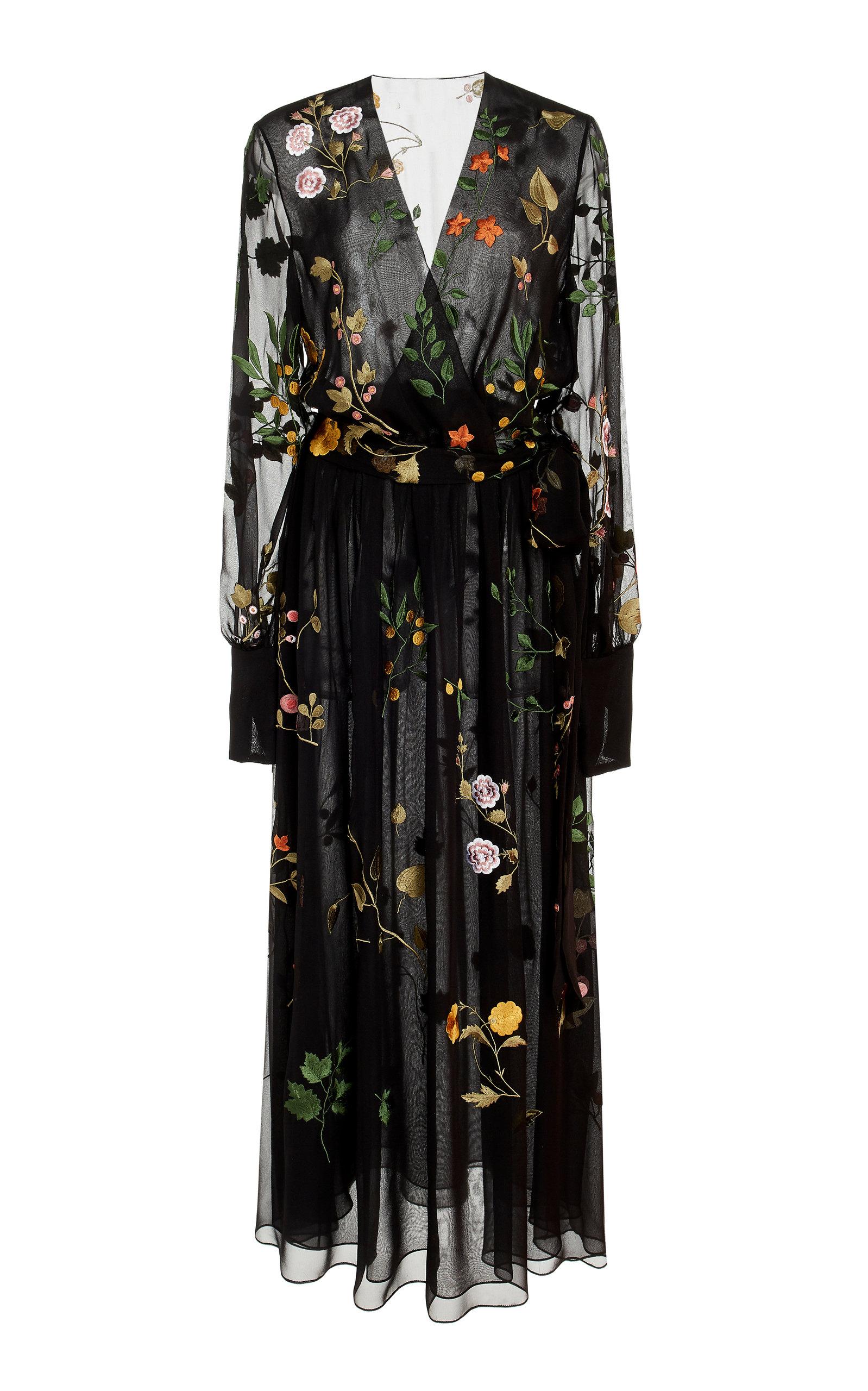 Oscar de la Renta Floral-embroidered Silk-chiffon Midi Dress in Black ...