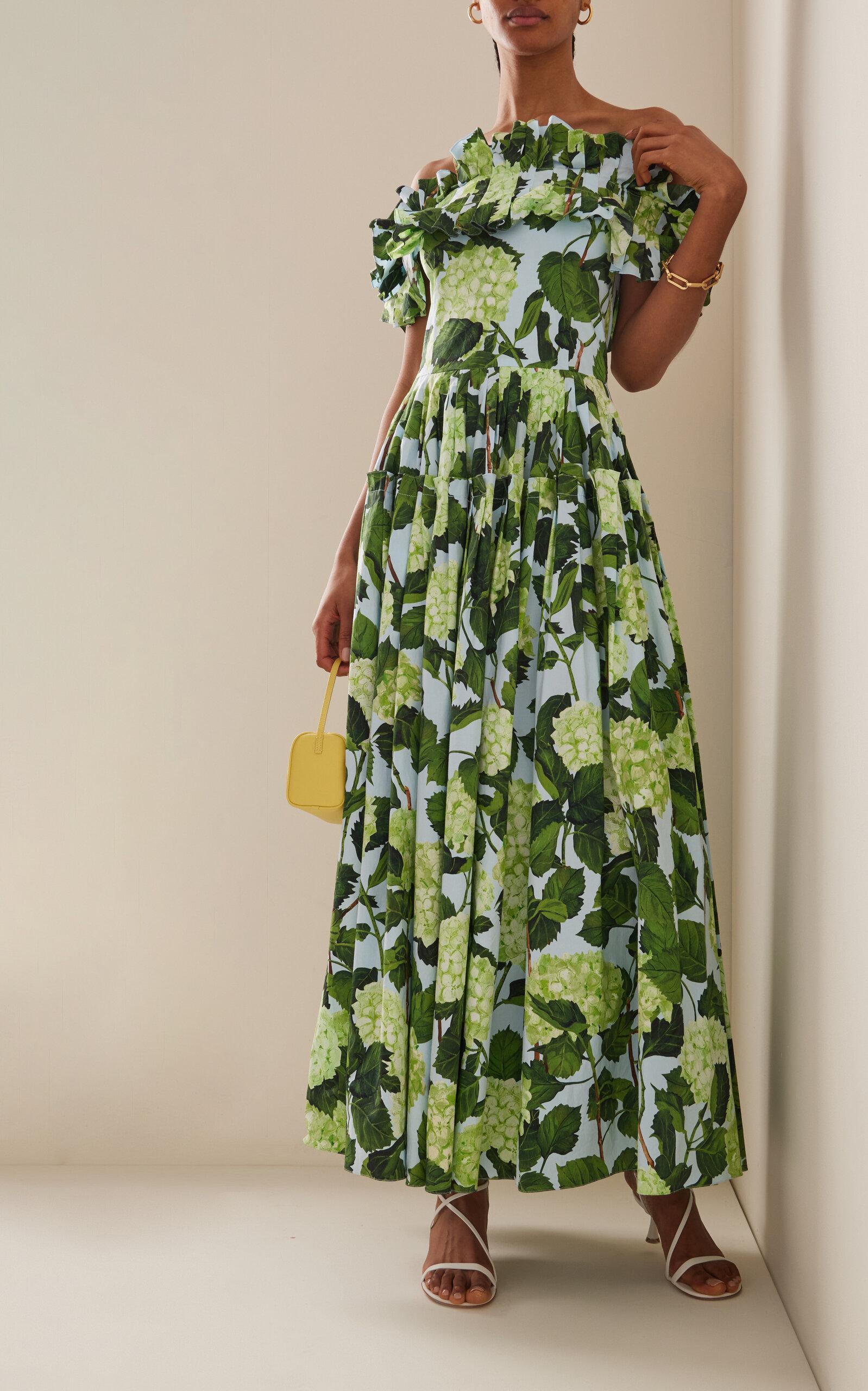 Oscar de la Renta Off-the-shoulder Hydrangea Ruffled Cotton Maxi Dress in  Green | Lyst