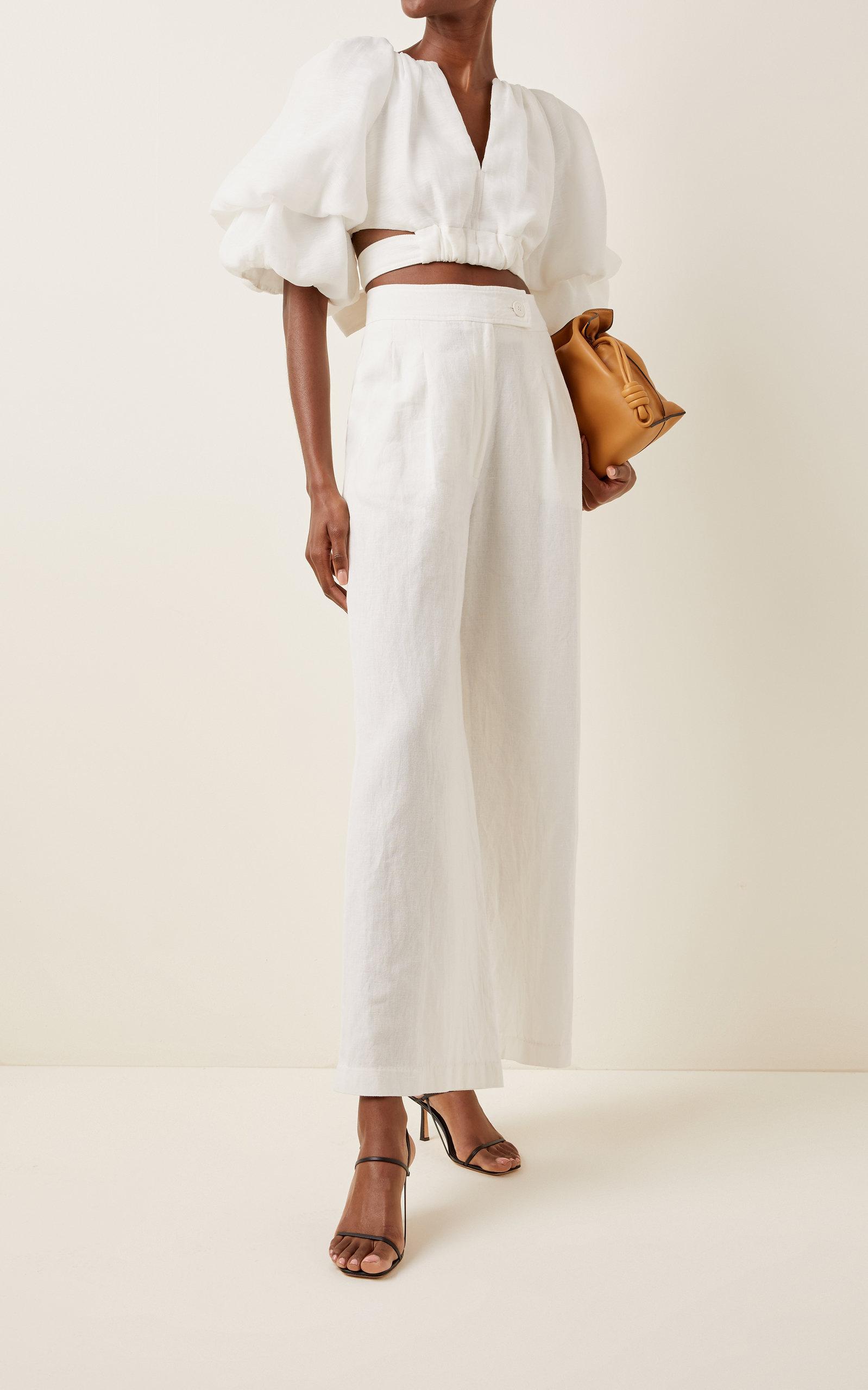 Aje. Synthetic Impression Puff-sleeve Plisse Crop Top in White - Lyst