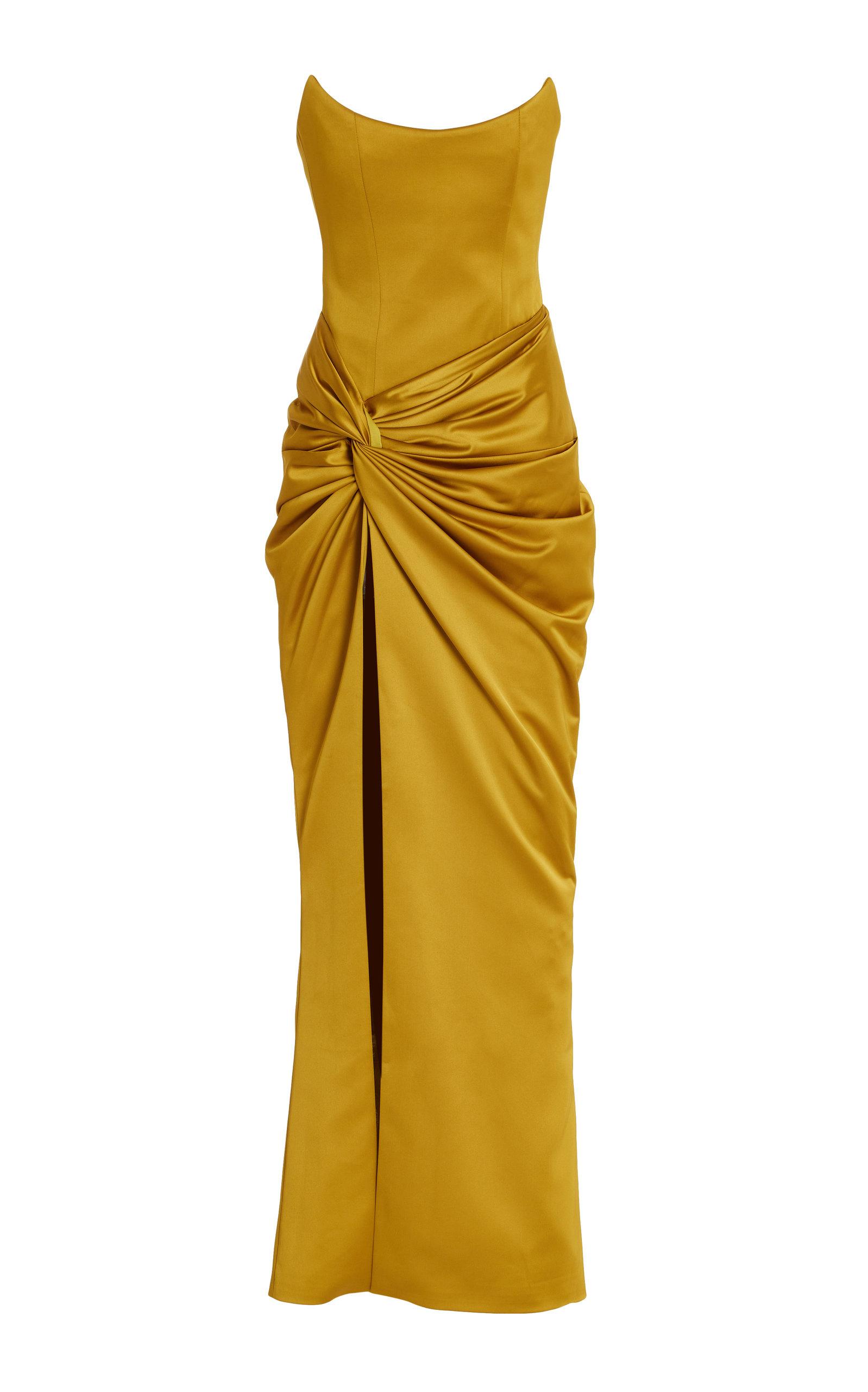 Rasario Draped Strapless Satin Maxi Dress in Yellow Lyst