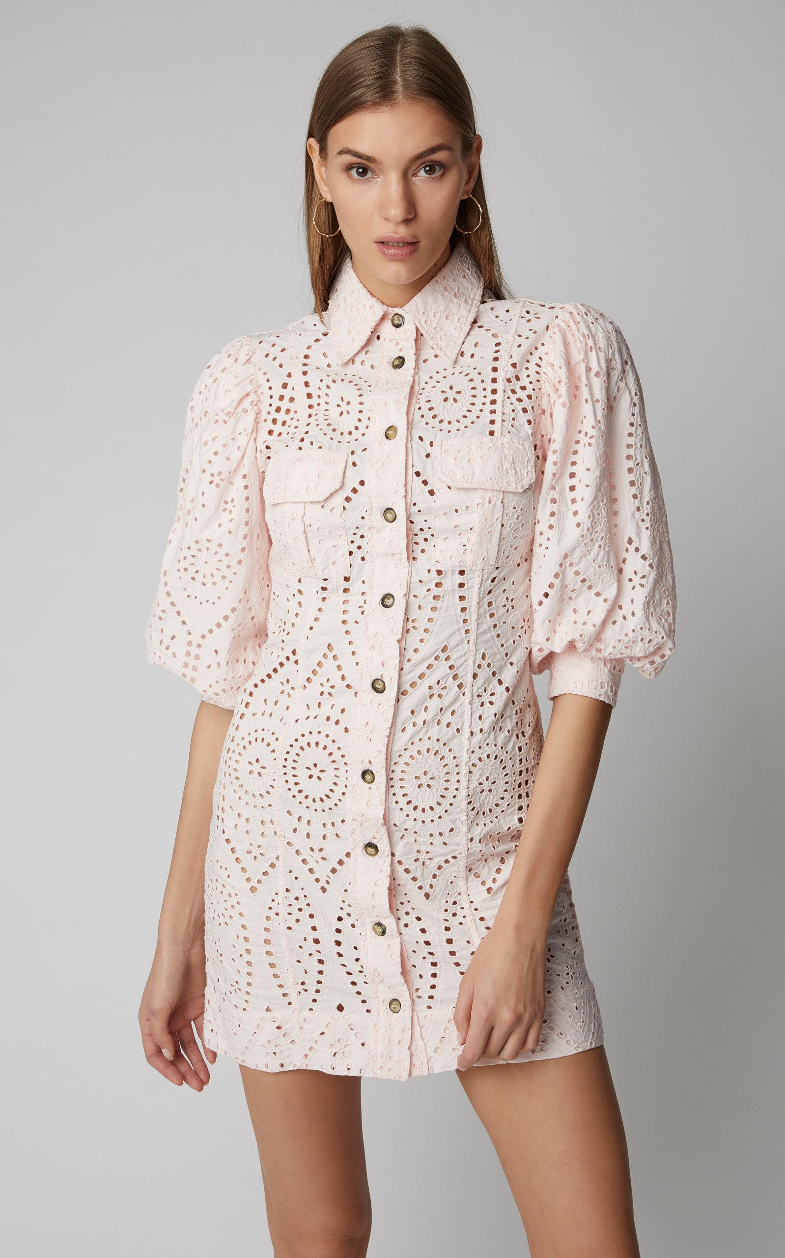 Ganni Broderie Anglaise Cotton Mini Dress in Pink - Lyst