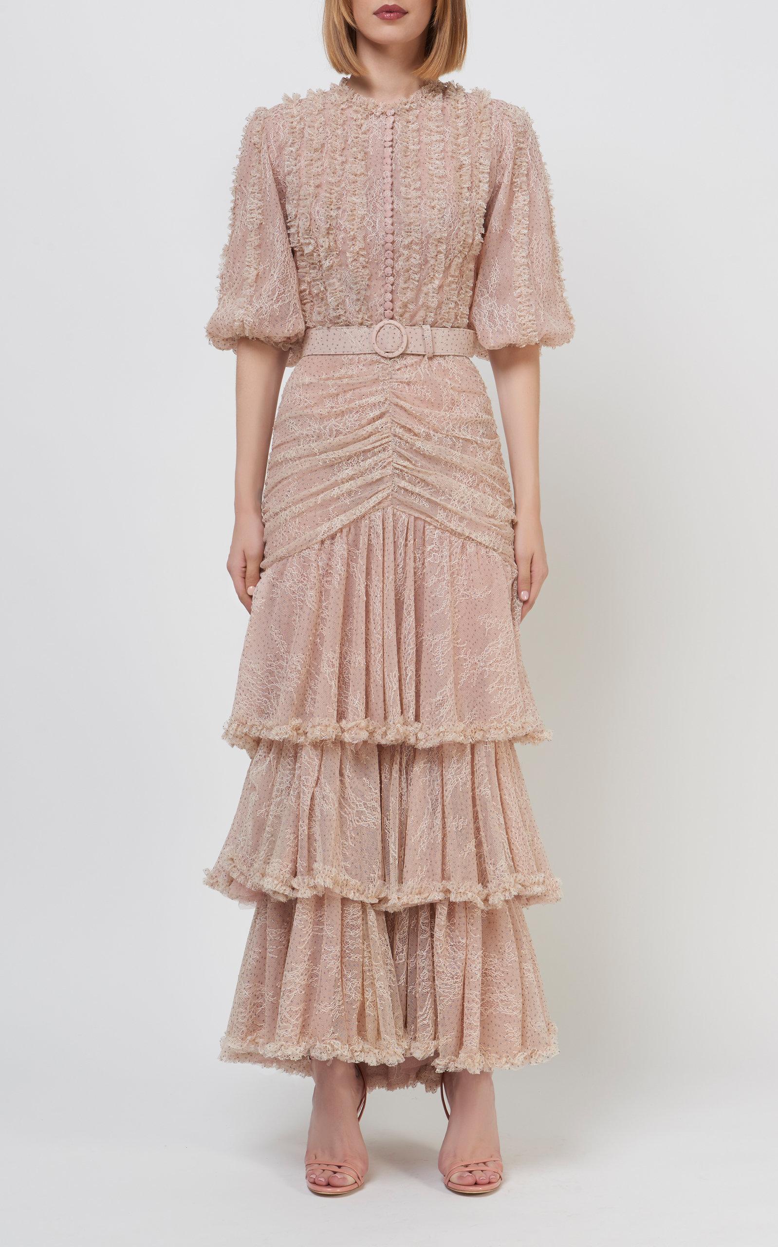 Costarellos Jeanisse Belted Chantilly Lace Tiered Dress