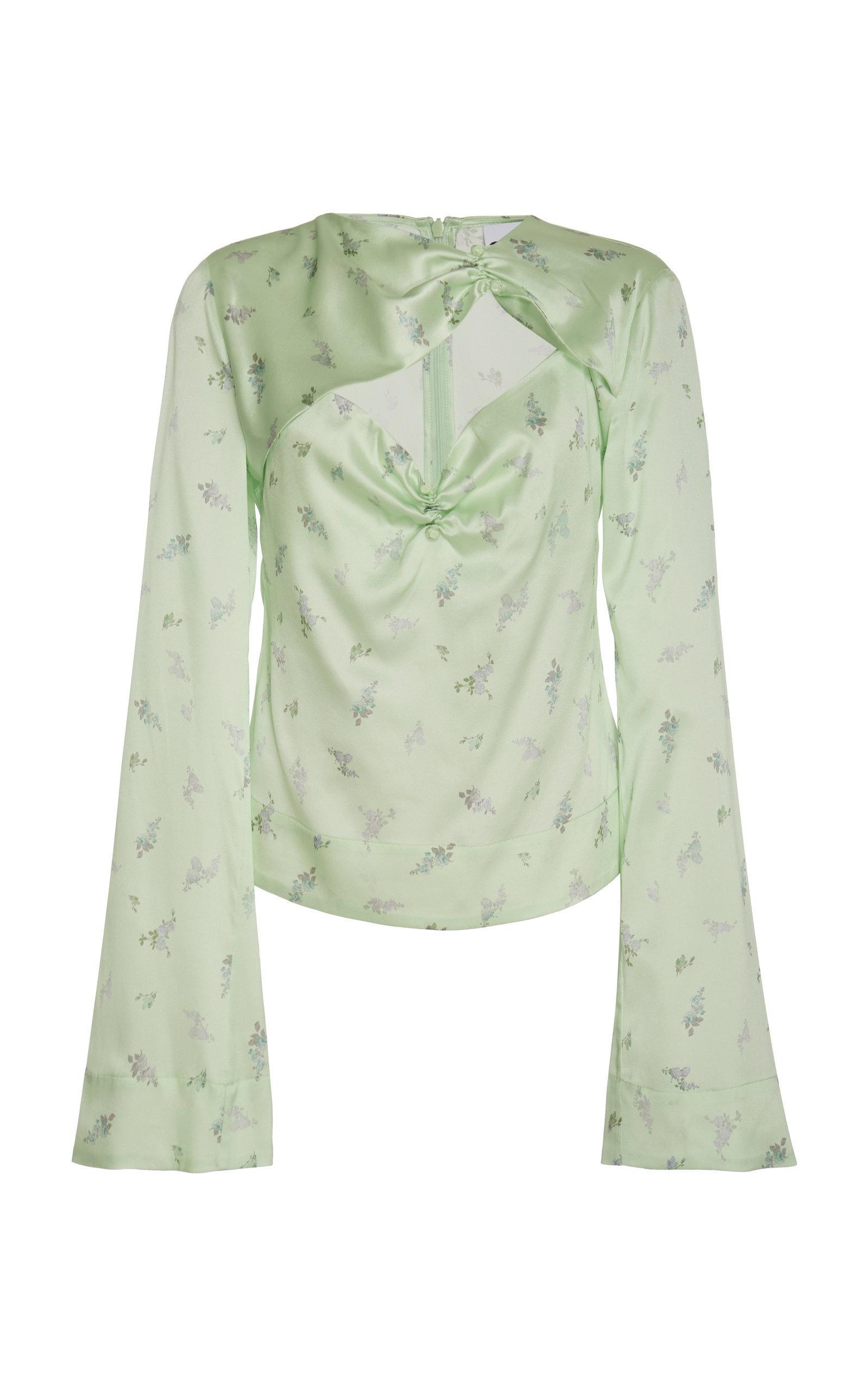 Ganni Silk Stretch Satin Cutout Long Sleeve Top in Floral (Green) Lyst