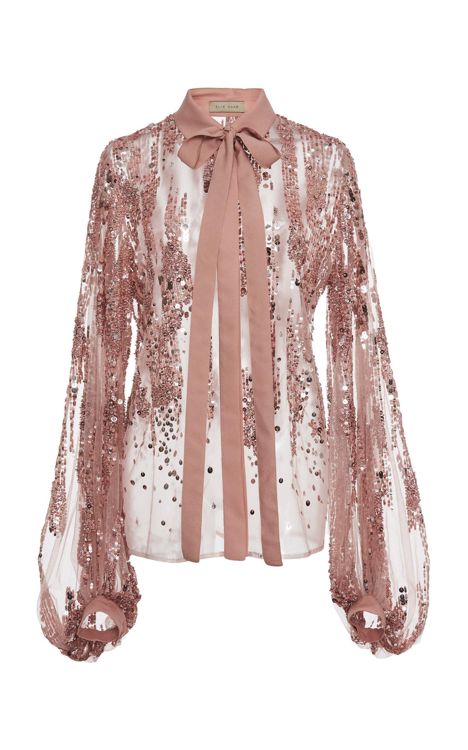 Elie Saab Sequin Embroidered Pussy Bow Blouse in Pink | Lyst