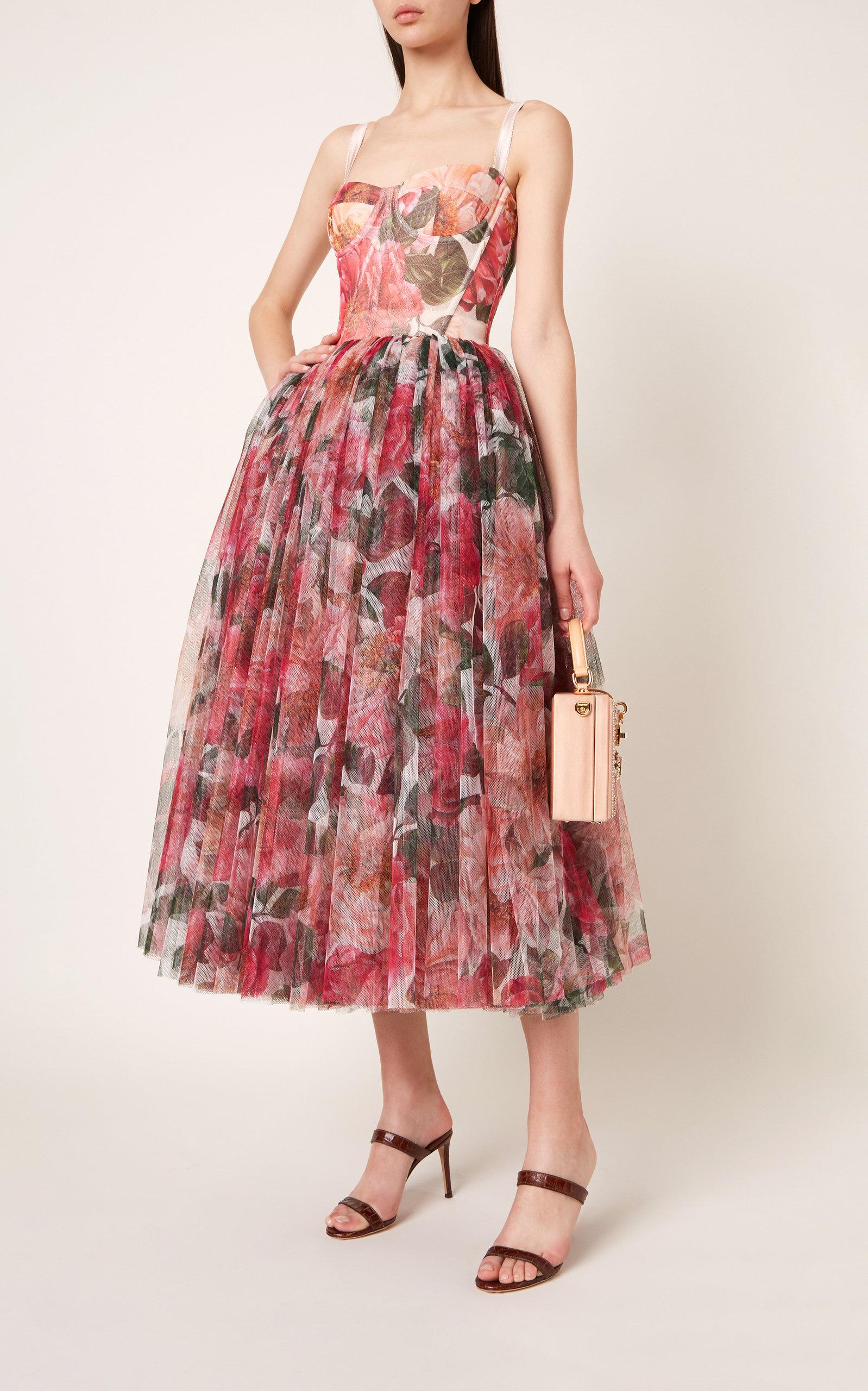 Dolce & Gabbana Camellia-print Tulle Bustier Midi Dress | Lyst