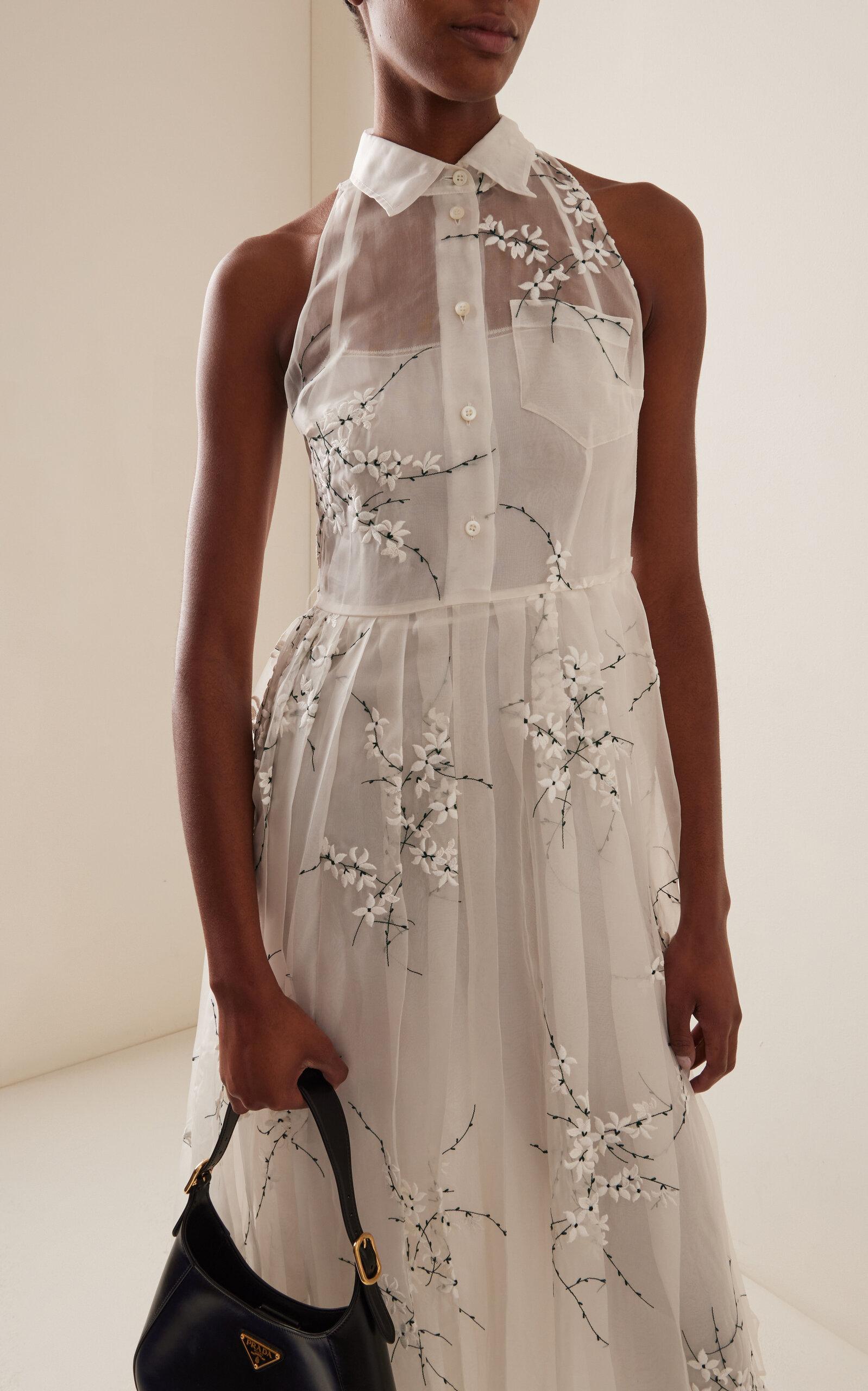 Prada Embroidered Silk-cotton Midi Shirt Dress in White | Lyst