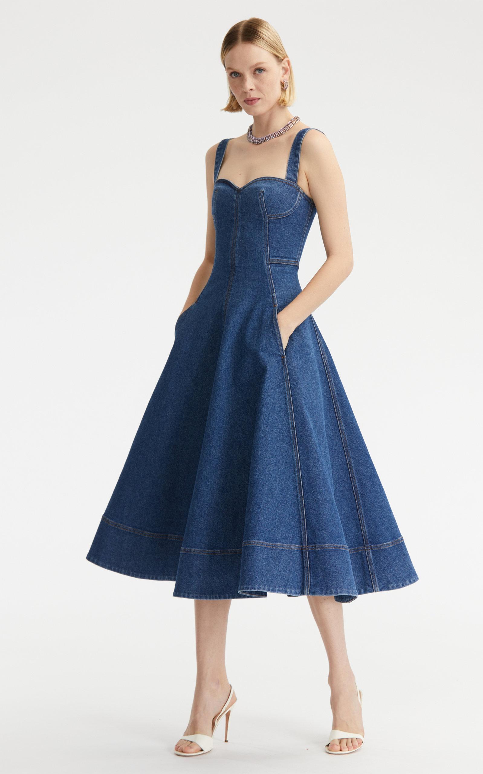 Oscar de la Renta Sweetheart-neck Denim Dress in Blue | Lyst Oscar de la Renta Sweetheart-neck Denim Dress in Blue | Lyst