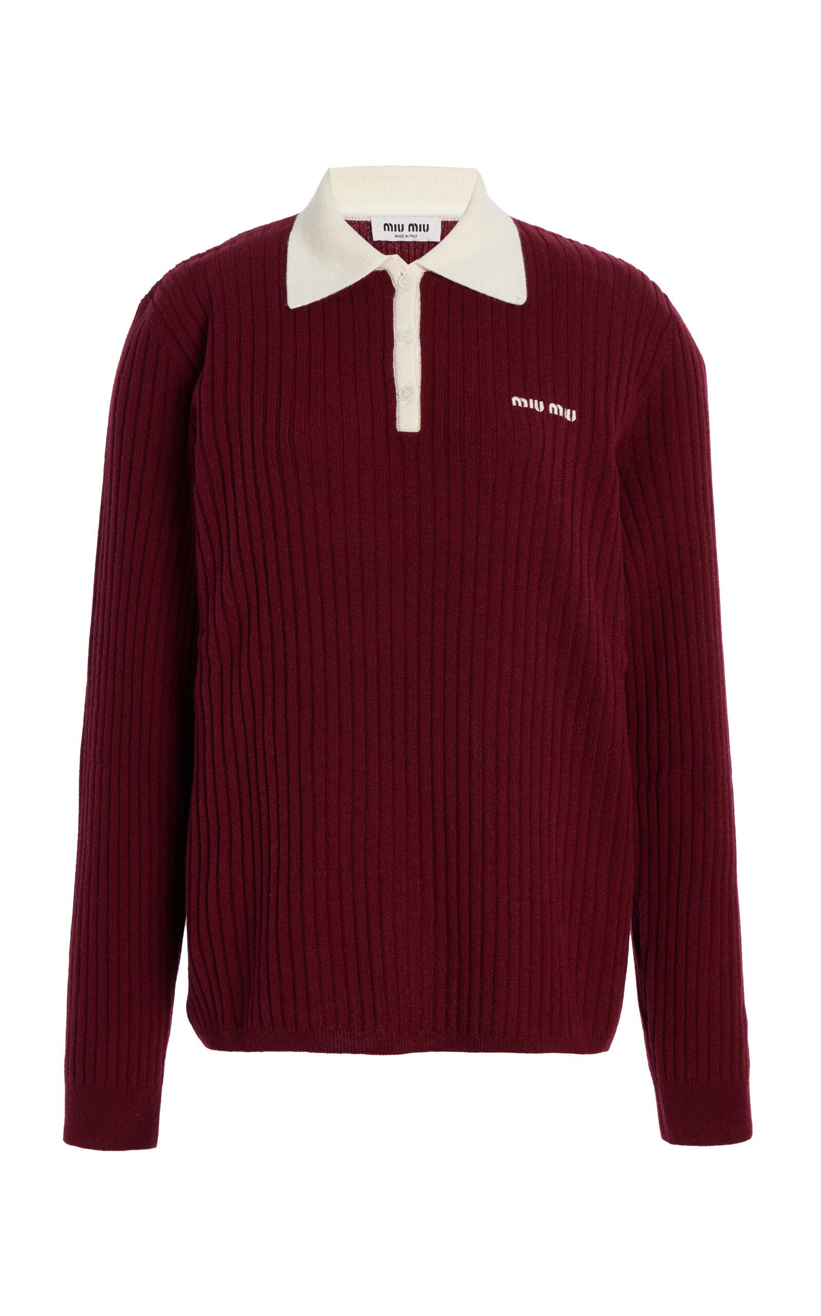 関税込【MiuMiu】Knitted silk and cashmere polo shirt Miu Miu ribbed-knit Cashmere Polo Shirt | Neutrals | FARFETCH
