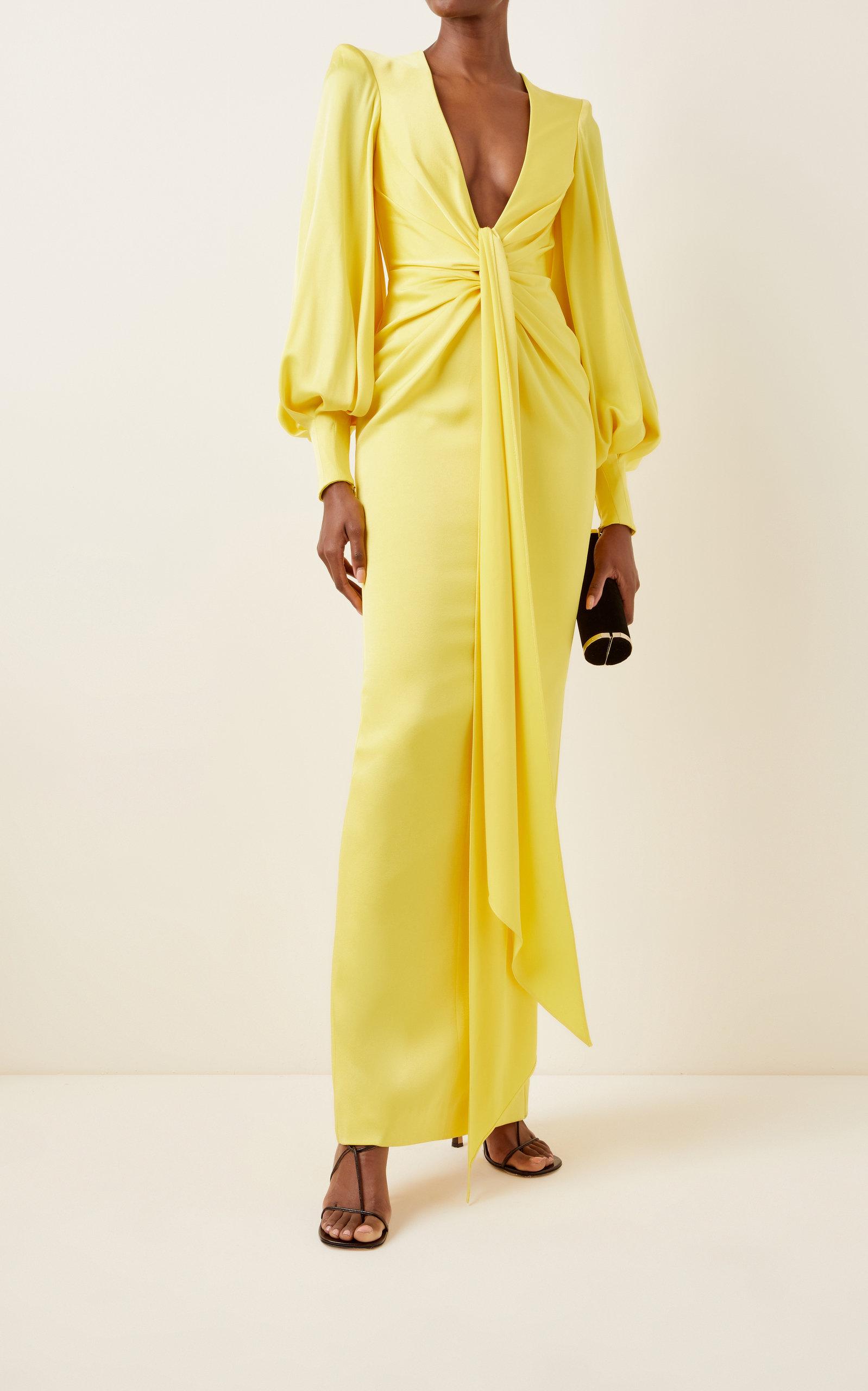 Alex Perry Dane Drape detailed Satin Crepe Gown in Yellow Lyst