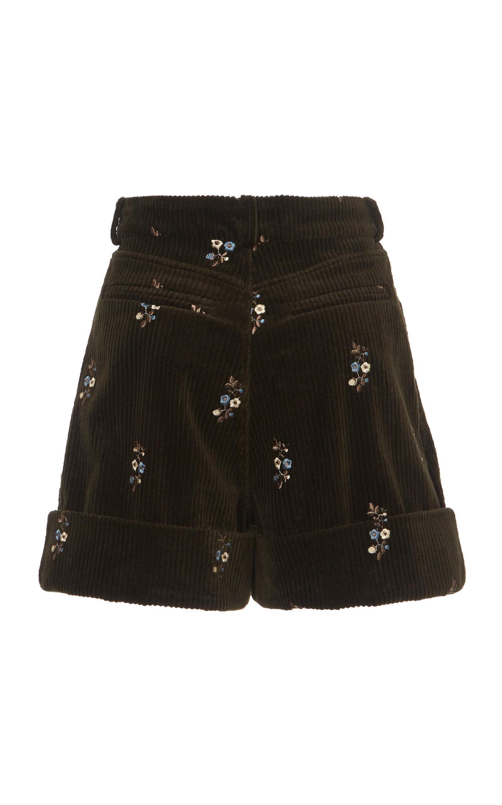 Alanui Floral-embroidered Cotton Corduroy Pleated Shorts in Green 