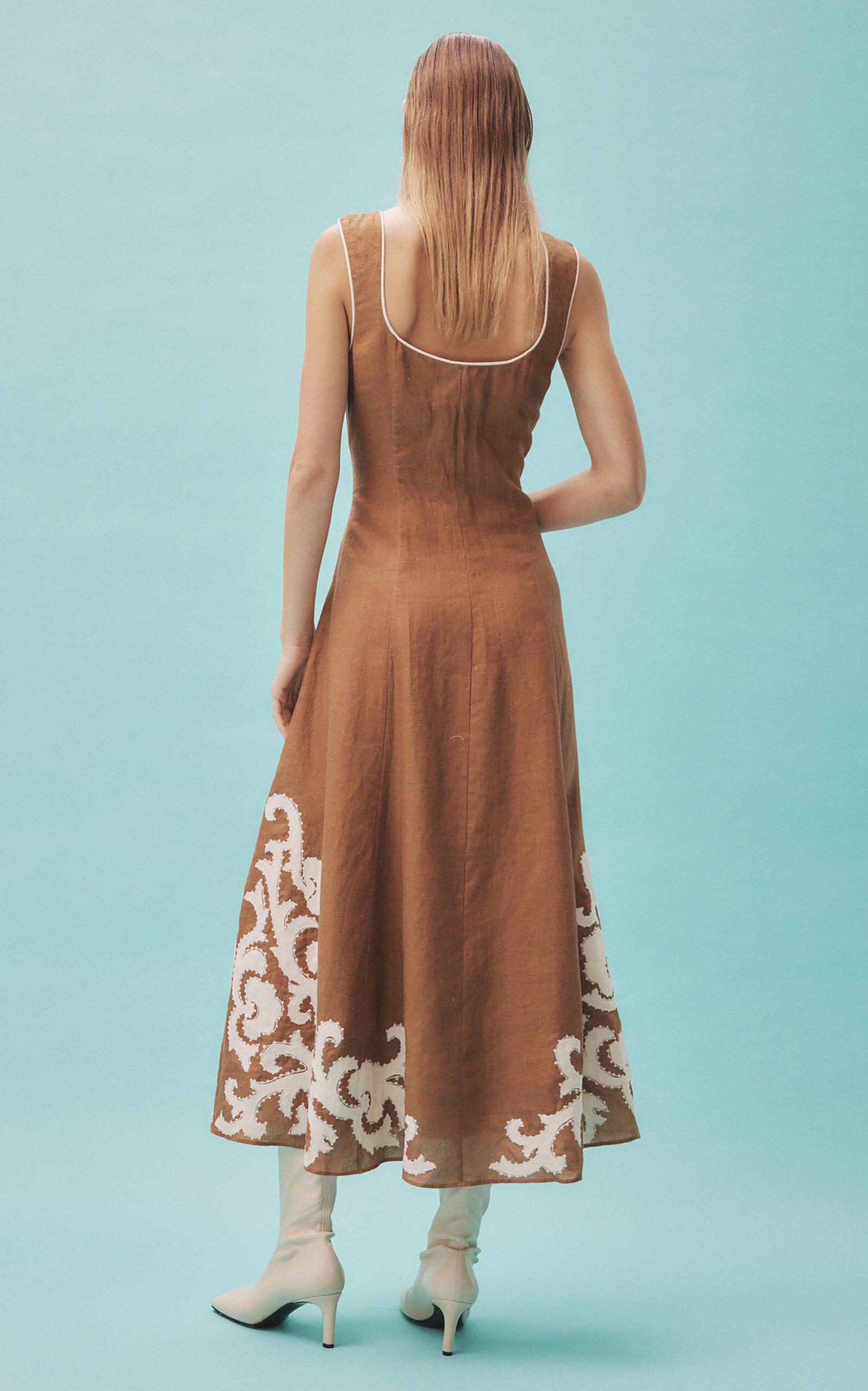 alemais ruby applique midi dress ALMAIS Ruby Applique Linen Midi Dress in Metallic
