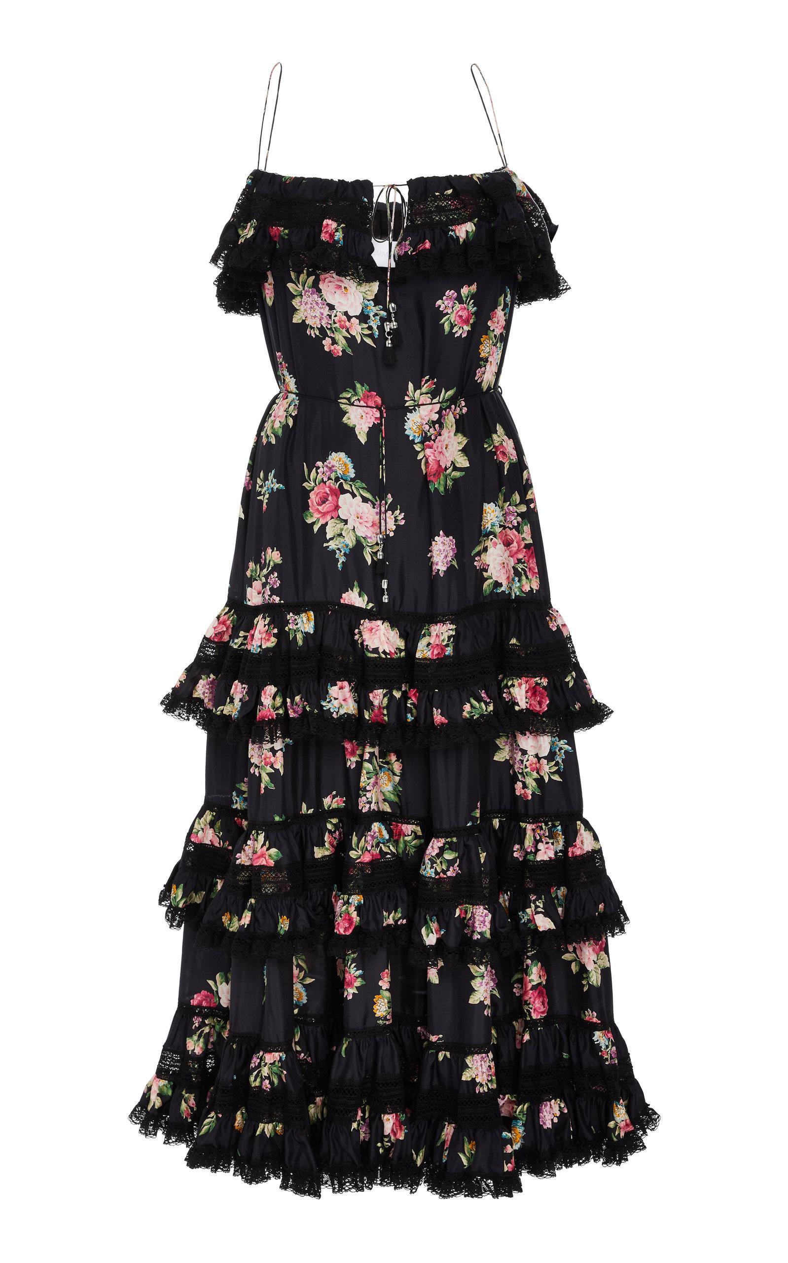Zimmermann Honour Floralprint Tiered Silk Midi Dress in Black Lyst