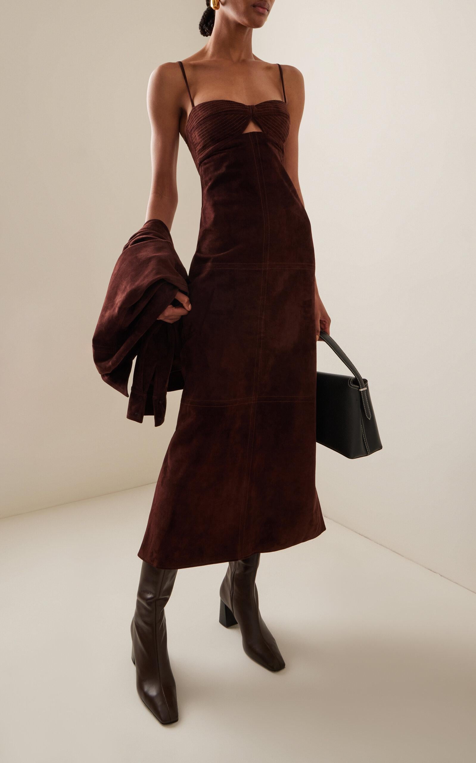 Johanna Ortiz Palace Intrigue Suede Midi Dress in Brown