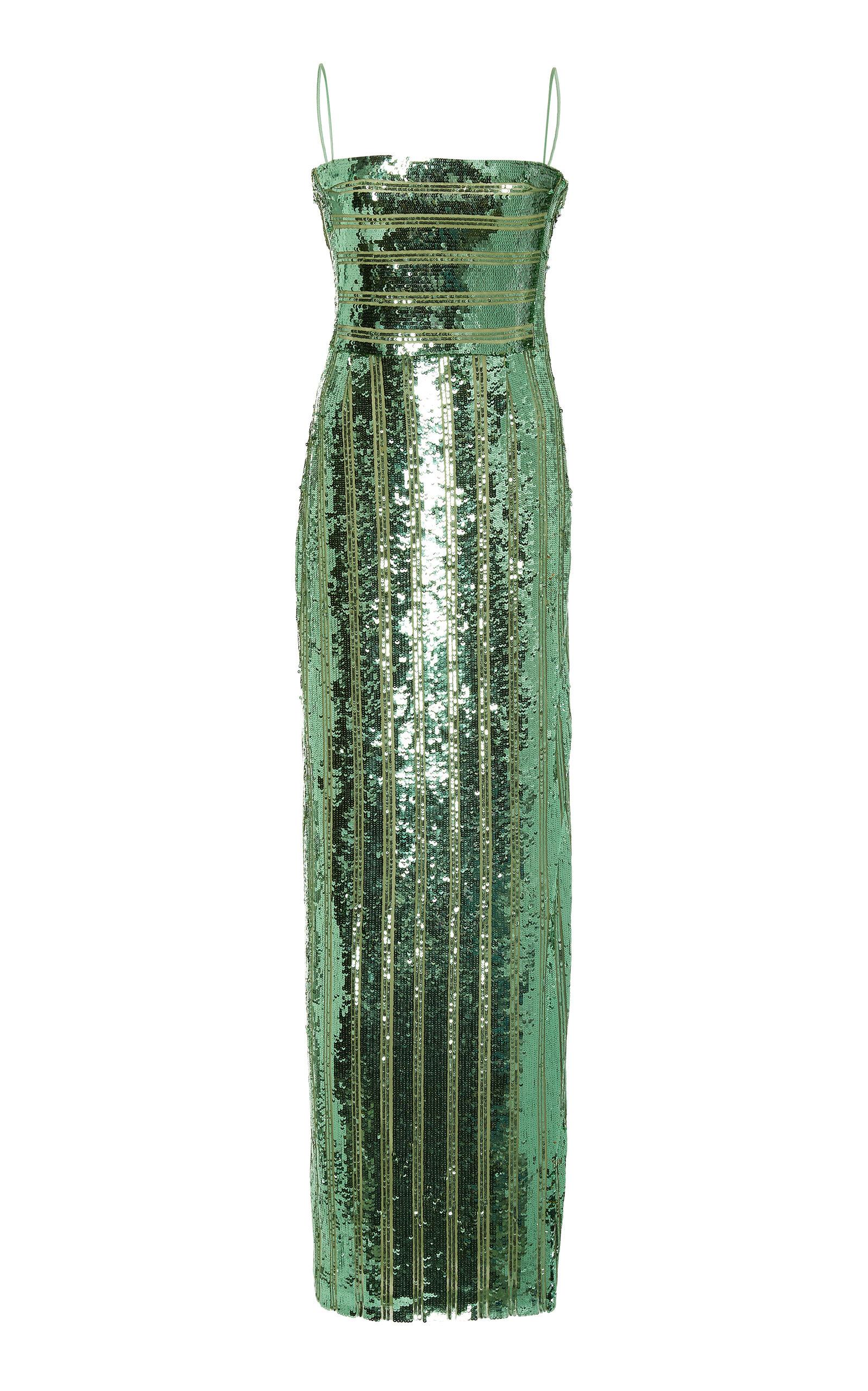 galvan stargaze striped sequin midi dress Galvan London Stargaze Bandeau Dress in Green