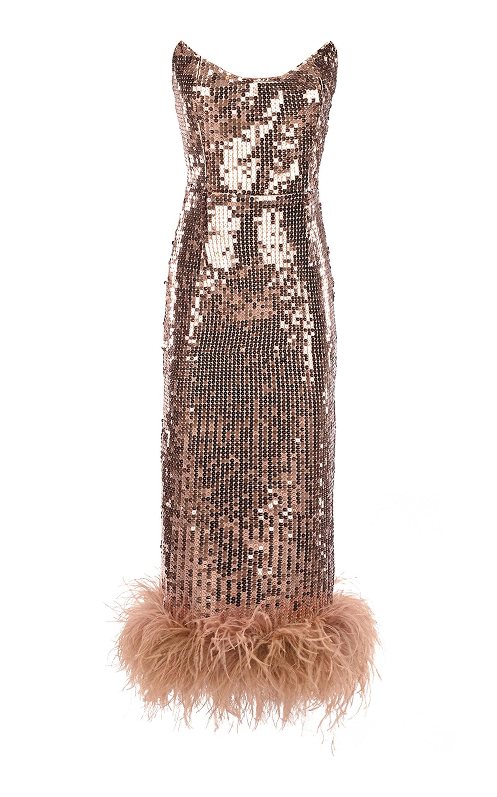 New Arrivals Feathertrimmed Sequin Midi Dress in Natural Lyst